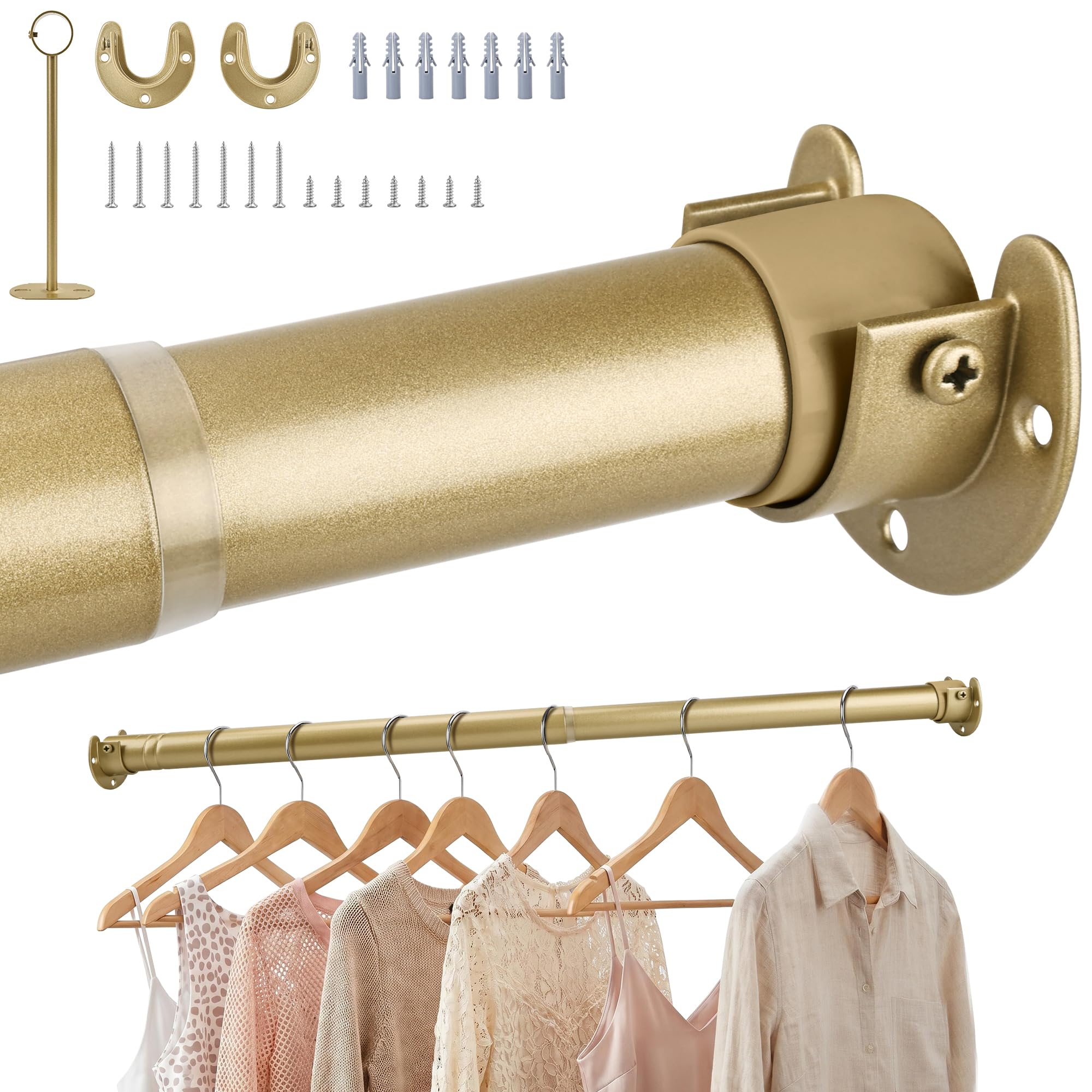 Wardrobe Rail,Extendable Clothes Rails, Stainless Steel adjustable wardrobe pole with Fixing Sockets and Screws for Wardrobe and Cupboard, Closet,Cloakroom, Gold, 43-175cm(Diameter 32mm)