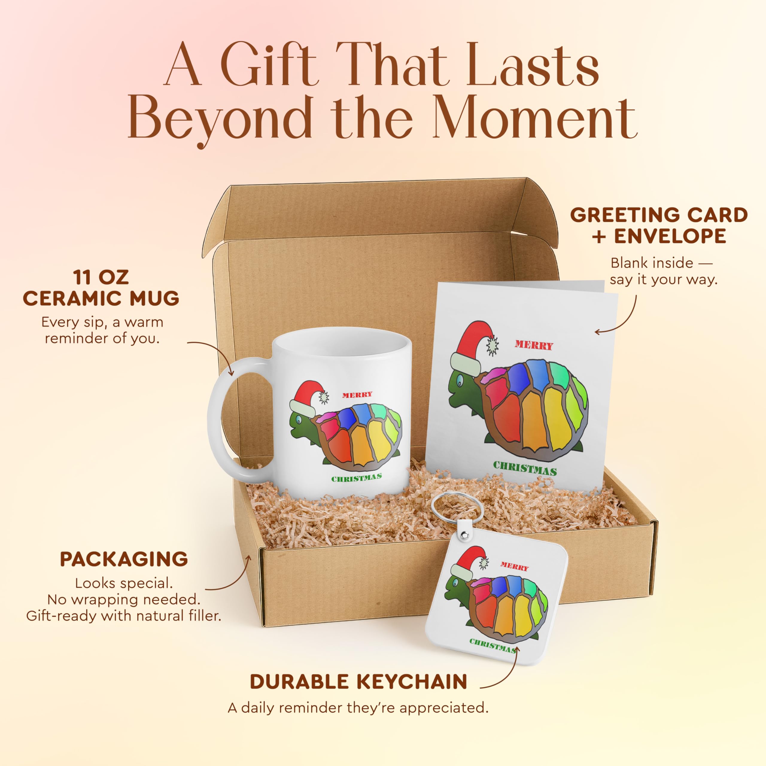 3dRose Merry Christmas Turtle Gift Set with Mug, Keychain, and Card – Colorful Turtle with Santa Hat – Perfect for Kids, Teachers, and Friends