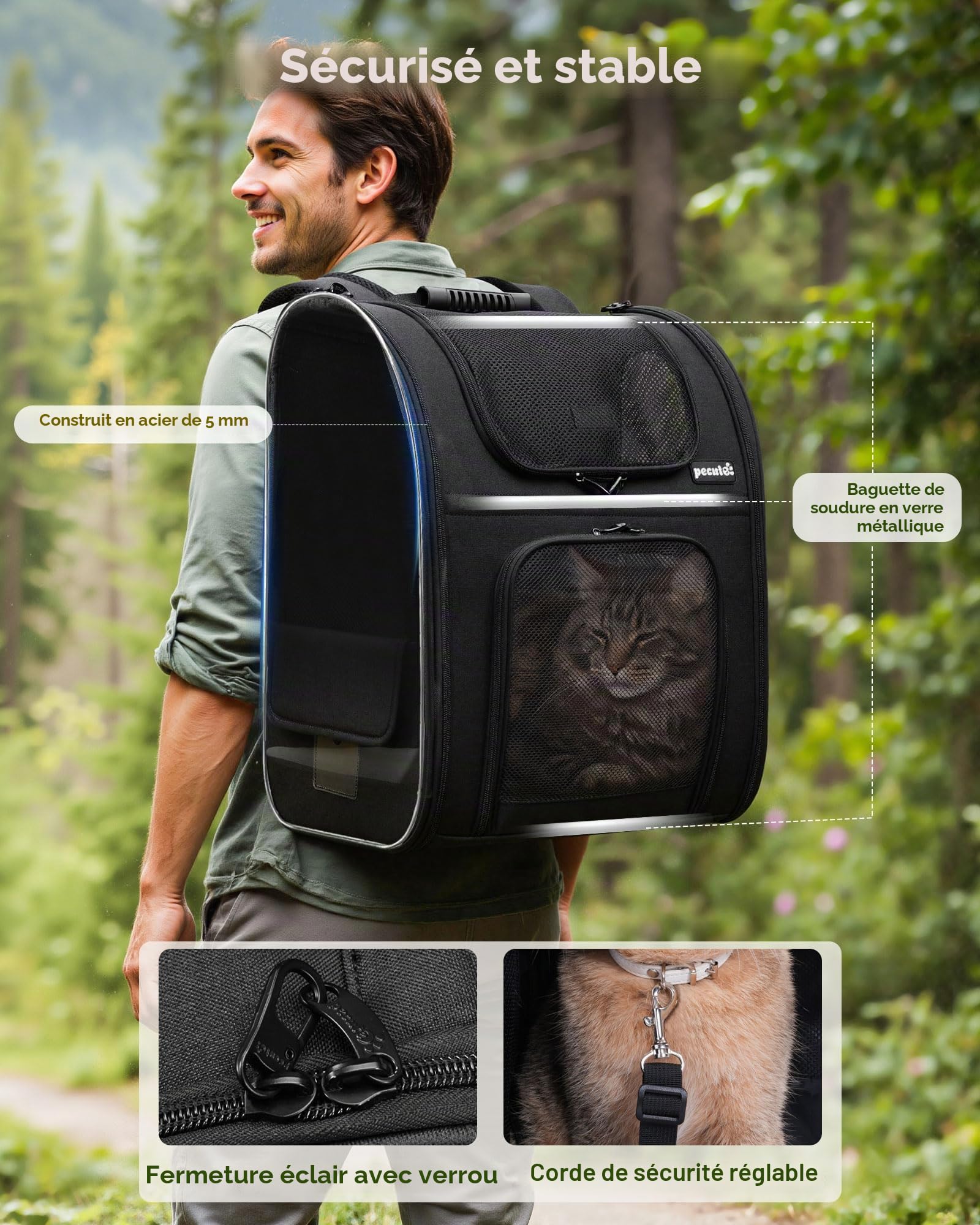 pecute Sac à Dos Chat Chien Respirant Grand, Sac Transport Chat, Noir | Confortable Sac Transport pour Chien , Stable Sac à dos Chien avec Laisse de Sécurité Intérieure et Tapis pour Voyage