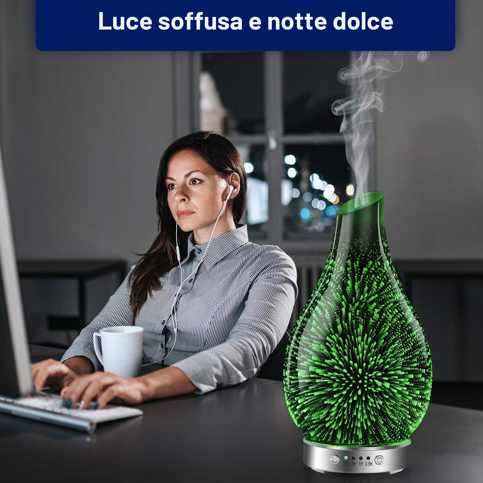 MAXWINER Diffusore di oli essenziali a ultrasuoni in vetro 3D per aromaterapia, spegnimento automatico, impostazione timer, luci LED in 7 colori che cambiano, per casa, ufficio, spa, 120 ml
