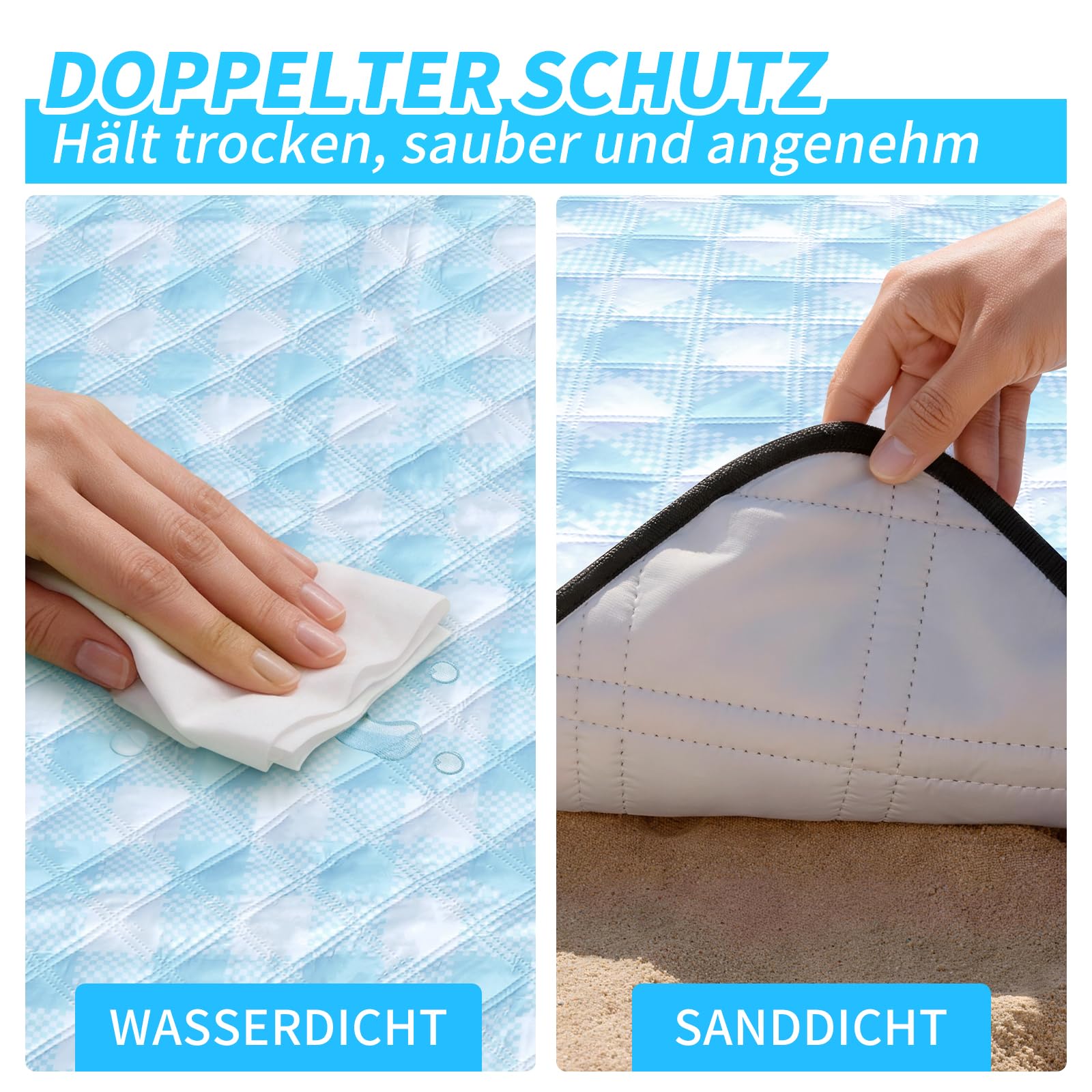 sapsisel wasserdichte Picknickdecke für 6-8 Erwachsene, Extra große Stranddecke, Picknickmatte für Camping, Strand, Wiese und Park, Blau kariert 200 x 200 cm
