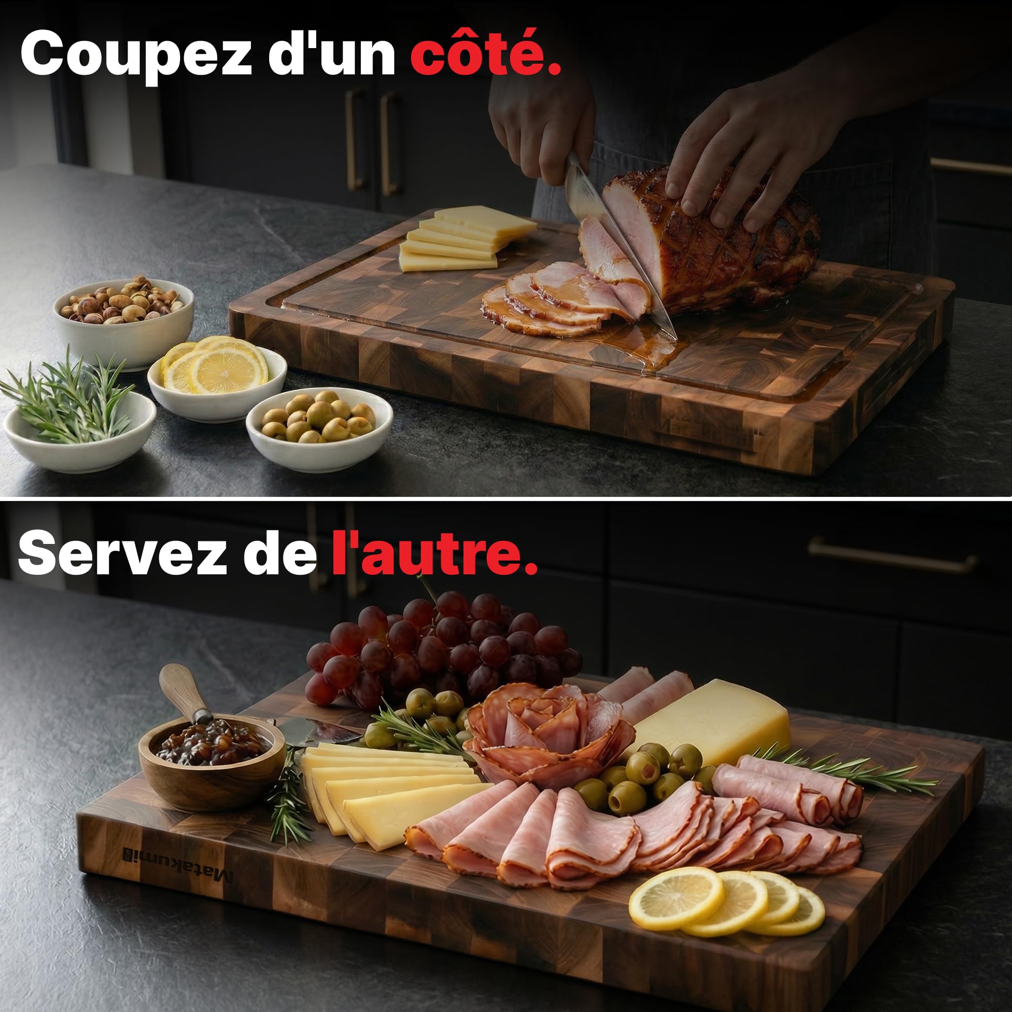 Matakumi Planche à Découper Bois - Planche de Cuisine en Bois d’Acacia avec Poignées Latérales, Rigole à Jus et Bois de Bout pour Préserver les Lames de Couteaux - Double Face (40 x 30 x 3 cm)