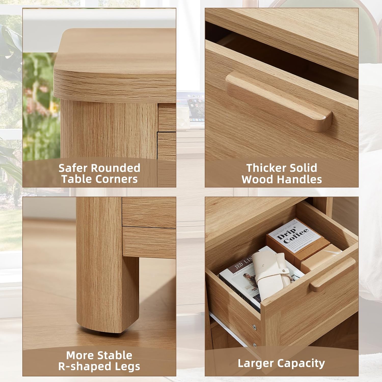 Farmhouse Nightstand Set of 2 with Charging Station, End Tables Bedroom with 2 Large Drawers & 4 Thickened Table Legs, Natural Wood