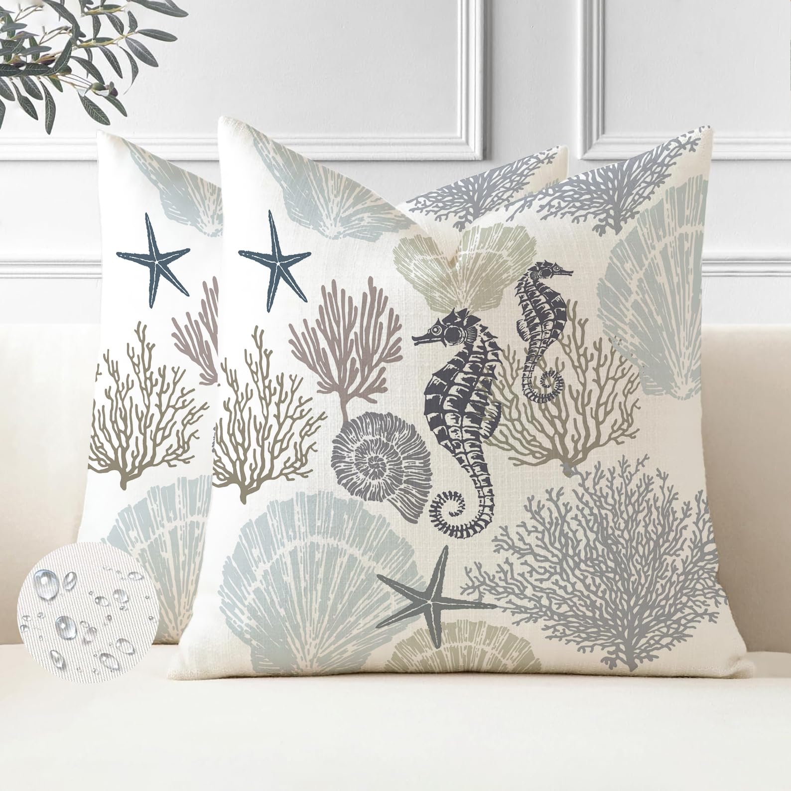 Miuyunya Set of 2 Outdoor Waterproof Cushion Covers 40X40 Square Decorative Cushion Covers Ocean Sea Horse Pillow Covers for Living Room Sofas Yellow Outdoor Patio — image 1