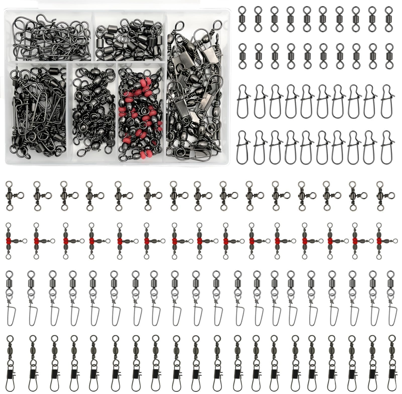 110Pcs Strong Fishing Snap Swivels Kit, Include Rolling Barrel Swivels, Premium 3 Ways Fish Line Connector with Snaps Clips, Fishing Terminal Accessories Tackle Box for Lures Sinkers