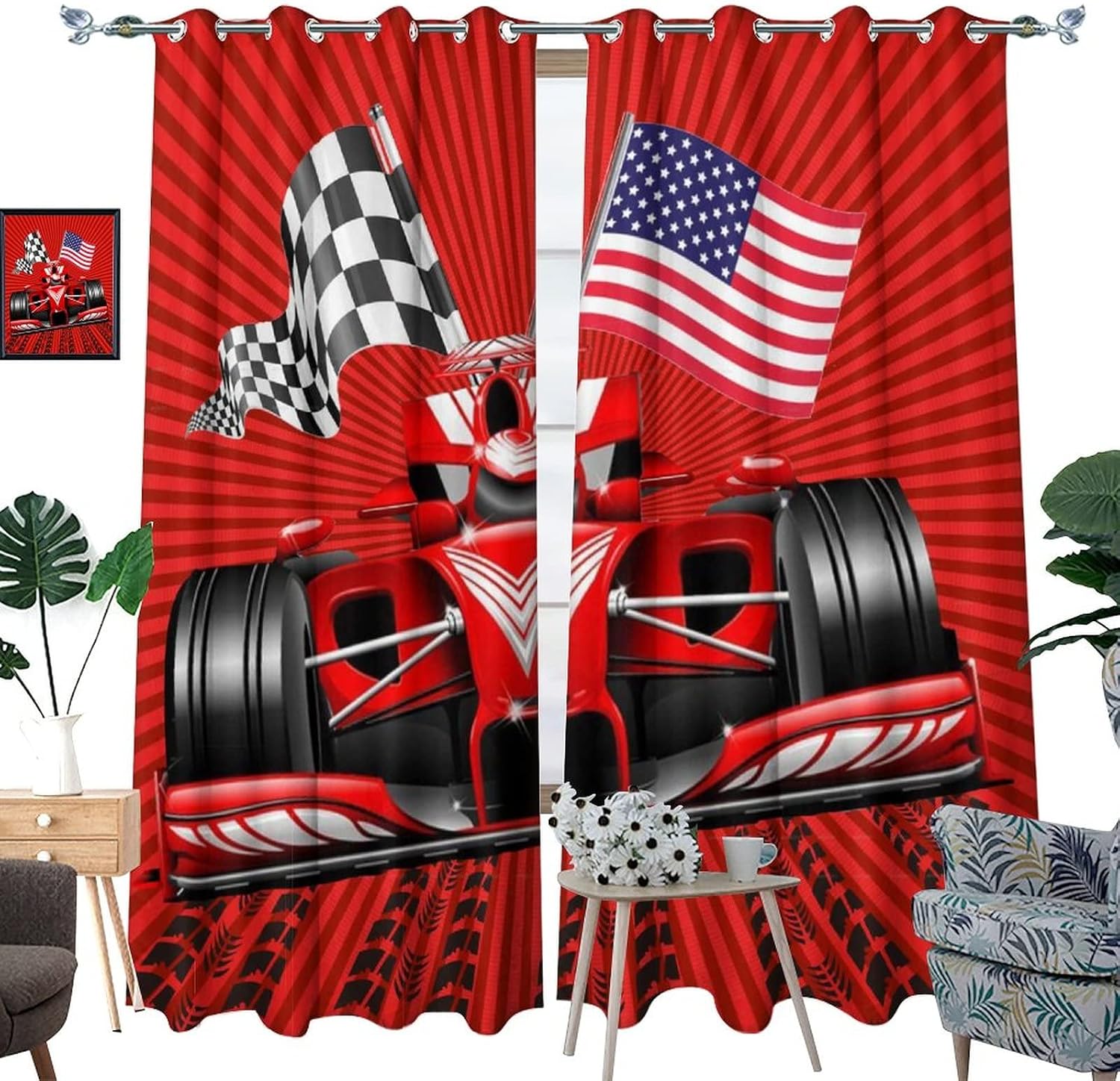 Racing Car Game Theme Ultra Soft Premier Blackout Curtains,Red Racecar Checkered Flag American FlagThermal Insulated Bedroom Noise Reducing Patio Door Grommet Top,2 Panels 63L x 21W