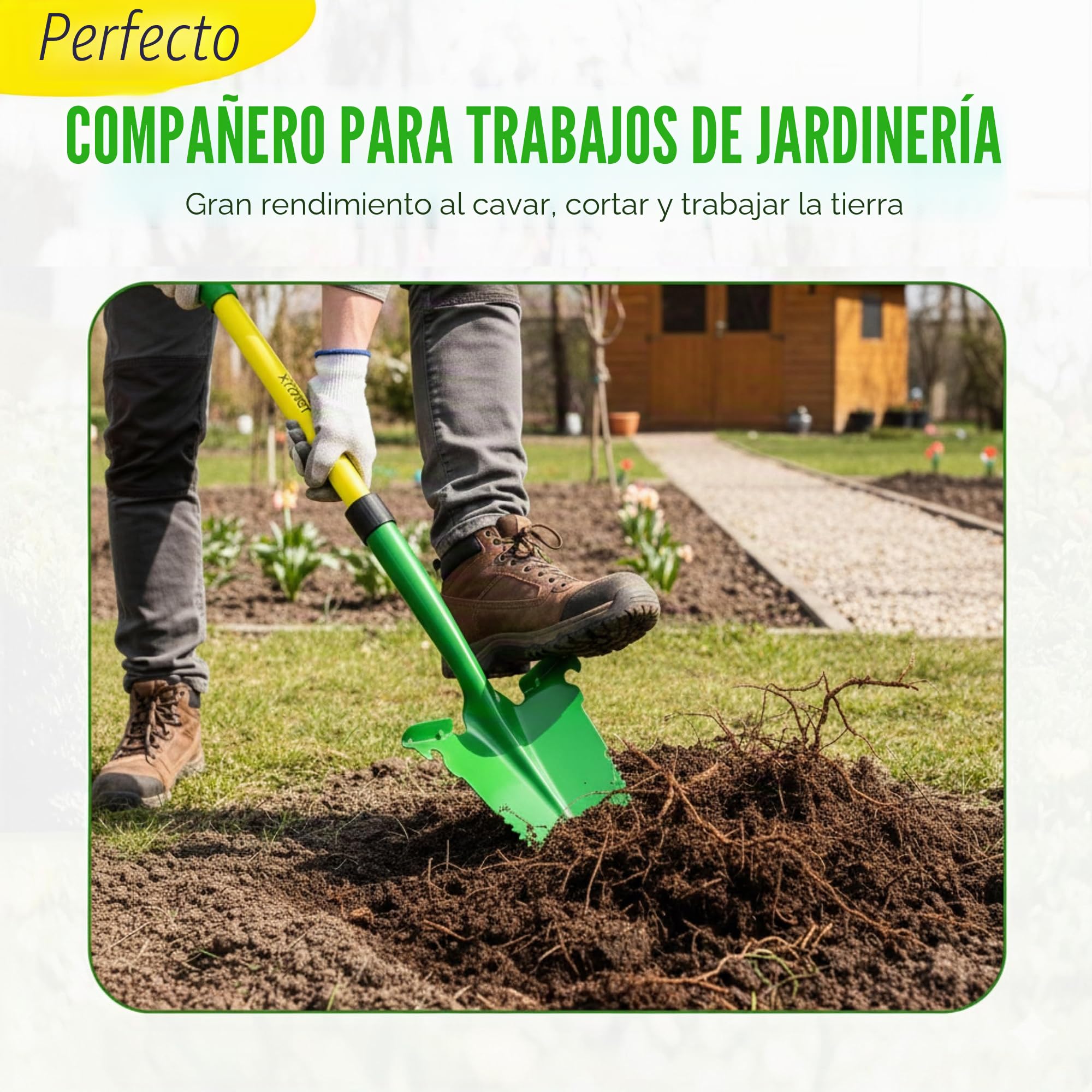 Xforst Pala de Jardín SZ-3 – Pala con Sierra de Raíces 114 cm – Hoja de Acero al Carbono 25×35 cm – Mango de Fibra de Vidrio Amarillo con Empuñadura Ergonómica – Herramienta de Jardinería y Exterior