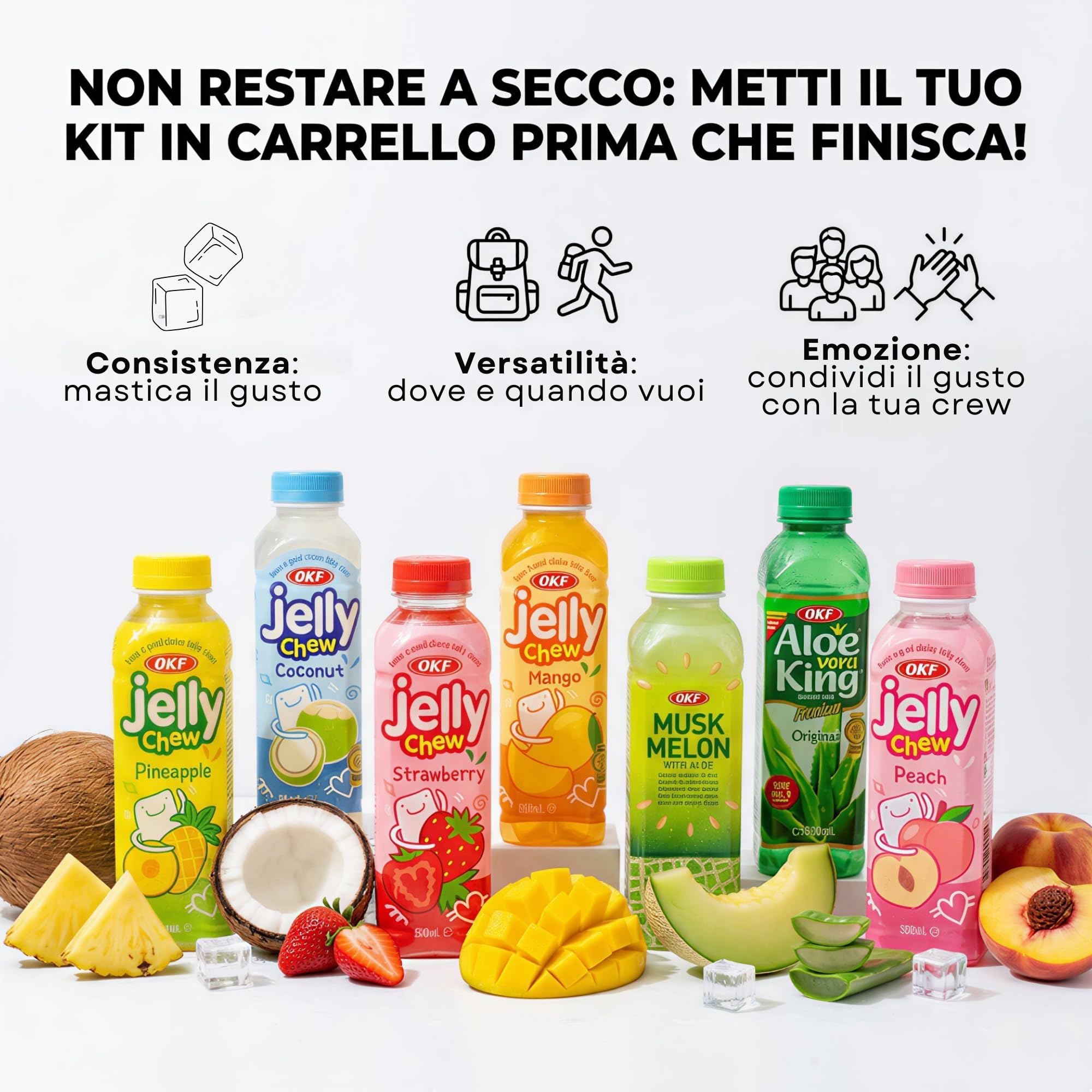 HU TASTE - Mix Discovery Bevande Asiatiche: OKF Jelly Chew & Aloe Vera King - Succhi di Frutta con Pezzi di Gelatina e Cocco - Cocco da Bere, Litchi, Mango e Ananas - Box Merenda Esotica
