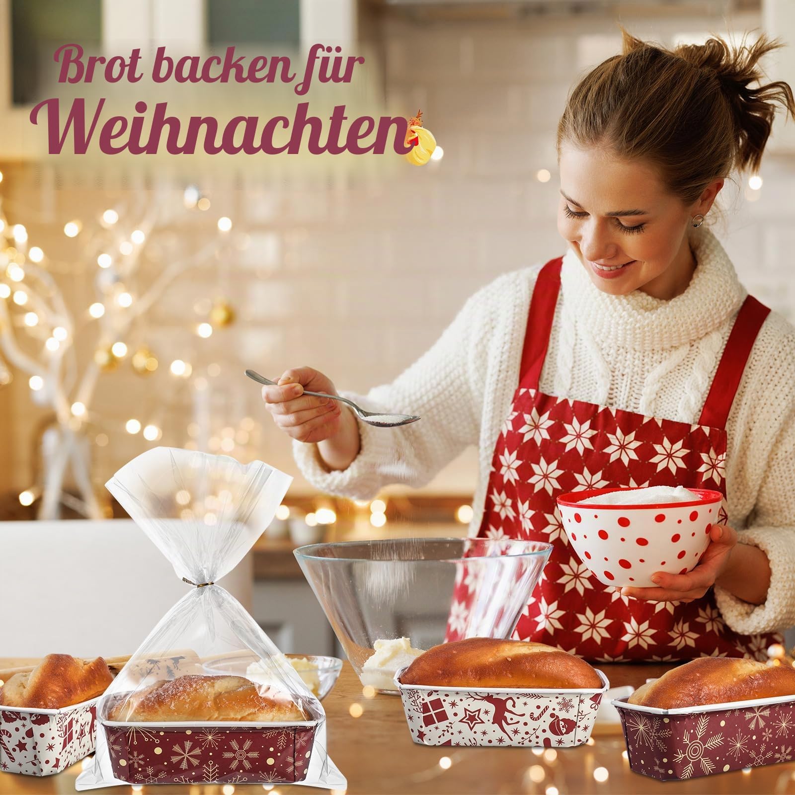 Teenyyou 50 Sets Weihnachts-Papier-Kastenform 16,3 x 5,6 x 5,6 cm, Mini-Einweg-Brotformen mit transparenten Plastiktüten und Bändern, rechteckige Backform für Brot, Kuchen, Backen (eleganter Stil)