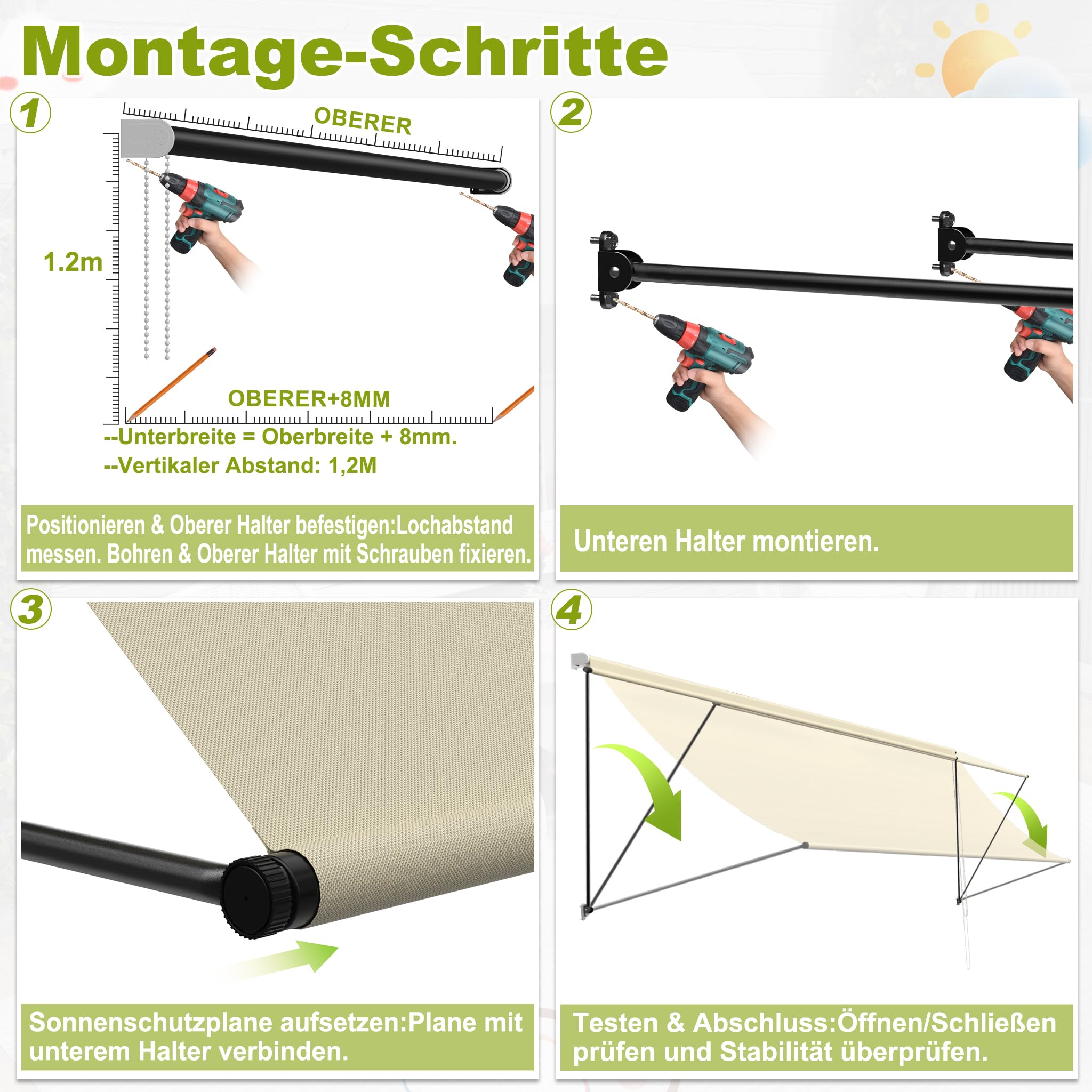 Aufun Tenda da sole retrattile, tenda da sole per finestra, con cordoncino e asta di supporto in alluminio, per terrazza, balcone, giardino, beige, 400 x 145 cm