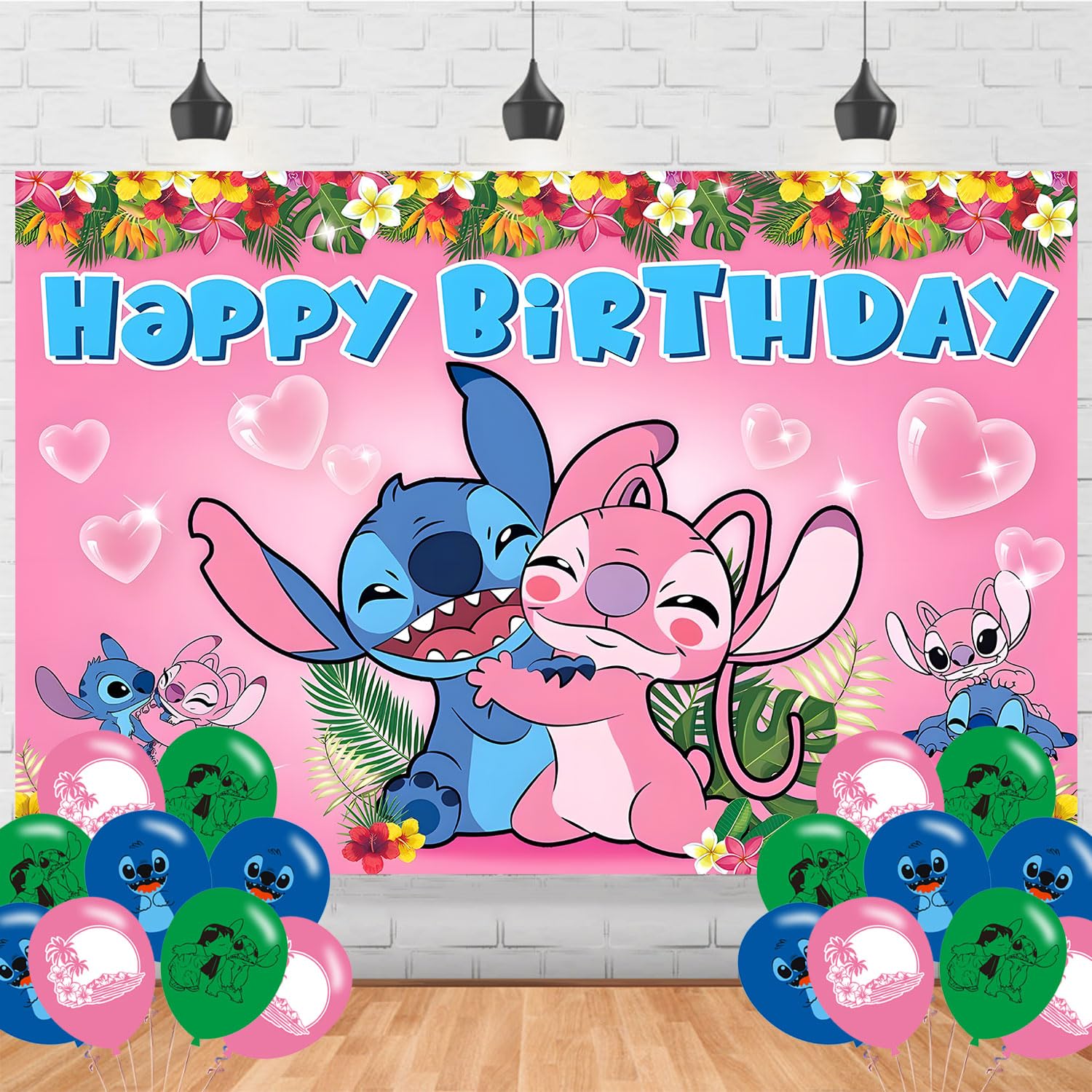 Pink Stittch Birthday Decorations,Pink and Blue Backdrops for Party Decorations Supplies,Anime Happy Birthday Banner Backdrop for Party Supplies (