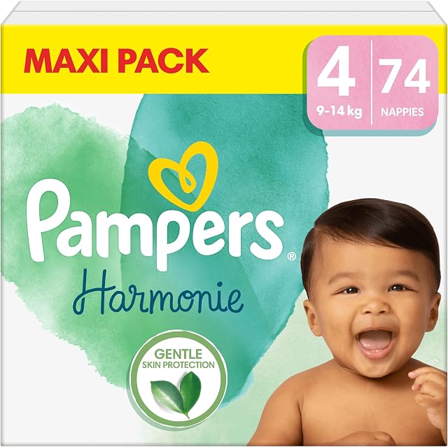 Pampers Pieluchy Rozmiar 4 (9-14 kg), Harmonie Pieluszki, 74 Sztuk, Ochrona Delikatnej Skóry i Składniki Pochodzenia Roślinnego