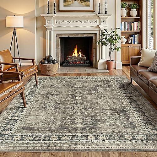 Lessymo 5x7 Area Rugs for Living Room, Machine Washable Non Slip Rug, Soft Carpet for Bedroom Dining Home Office, Vintage Brown Distressed Floral Floor Mat