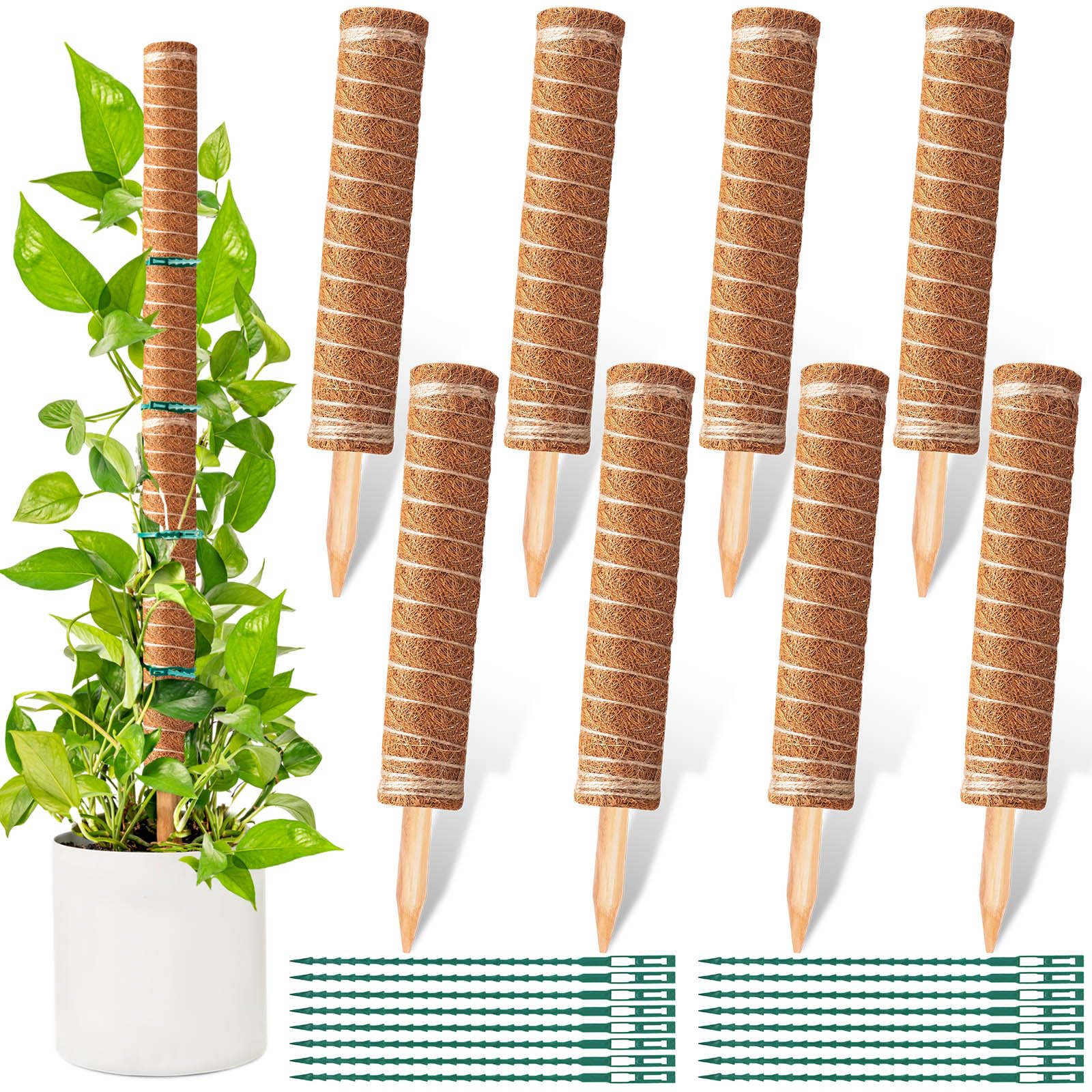 8 Pcs 12 Inches Coir Totem Pole With 16 Pcs Adjustable Plant Twist Ties - Moss Stick for Creepers Plant Support Extension, Climbing Indoor Plants