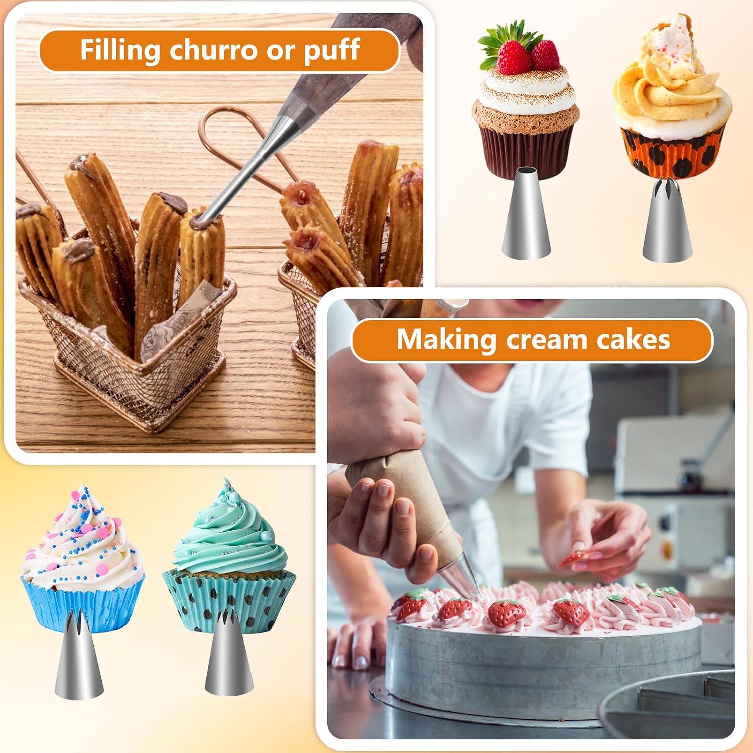 Churro Maker Machine, Catcan Churro Maker Kits Including Stainless Steel Churro Maker, Piping Bag with Churro Piping Tip, 4 Nozzles, 2 Brushes, 3 Discs for Homemade Different Shape Churros, Cookie