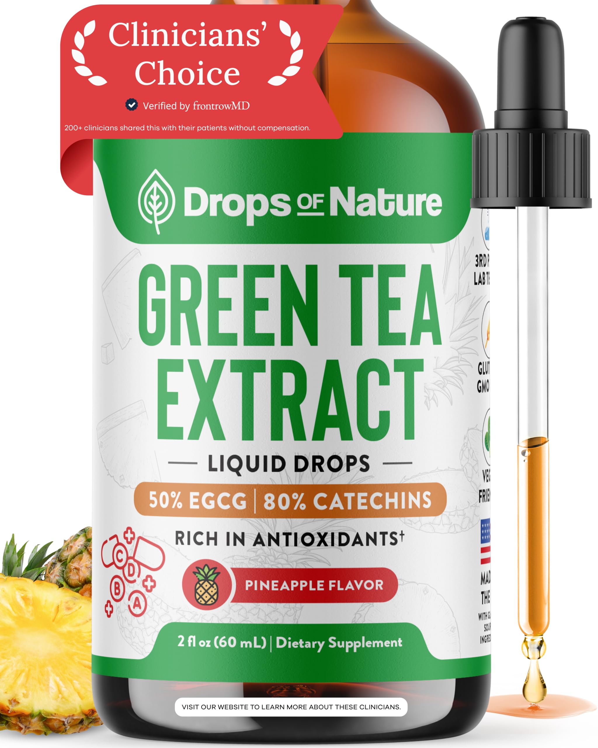 Drops of Nature Green Tea Extract 10:1 Liquid Supplement - Pineapple, 60 mL