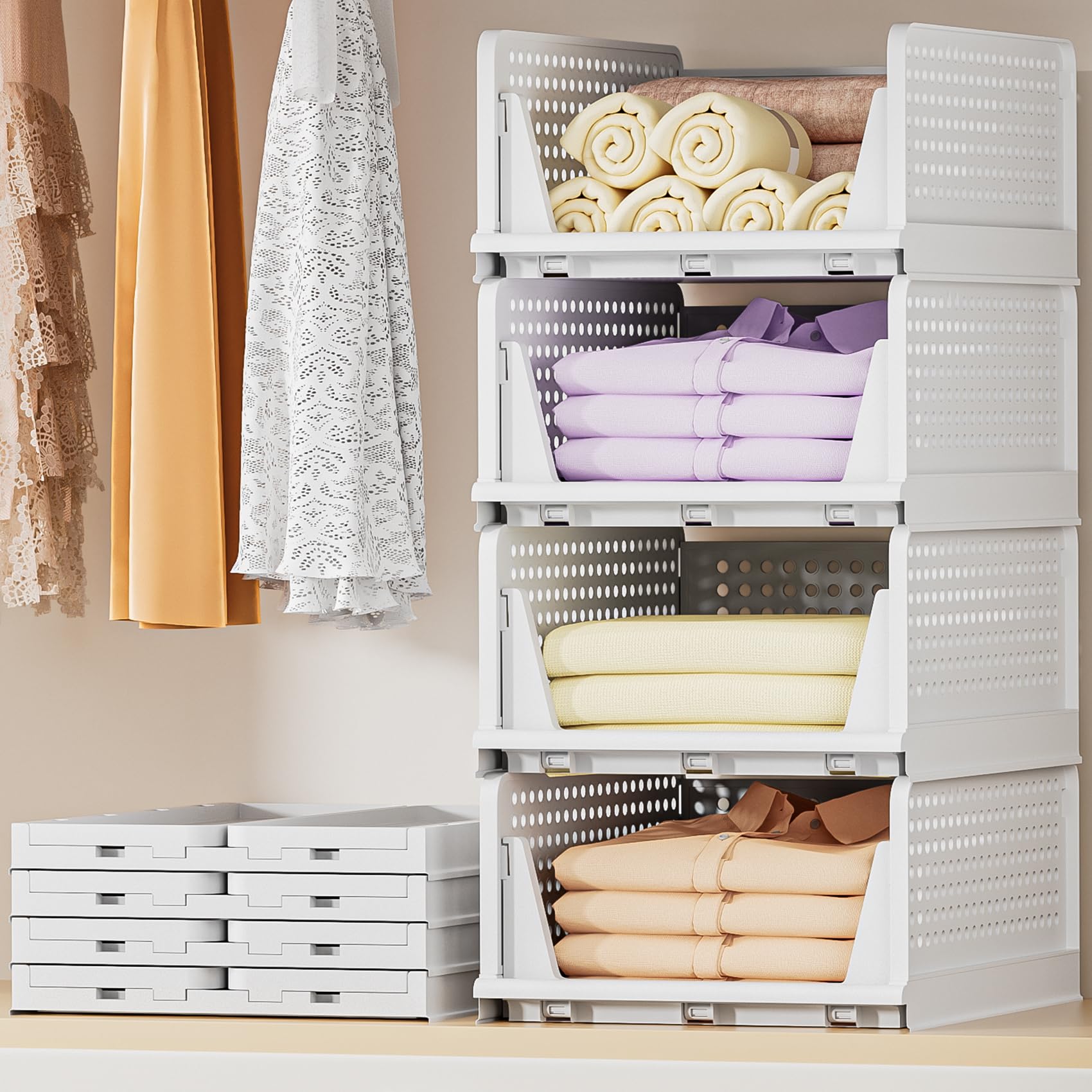 OYREL 4 Pack Wardrobe Storage Organiser Stackable Storage Boxes, Closet Organizers Plastic Storage Drawers for Inside Wardrobe Shelves, Use for Closet, Bedroom, Bathroom, Kitchen, Laundry (4L)