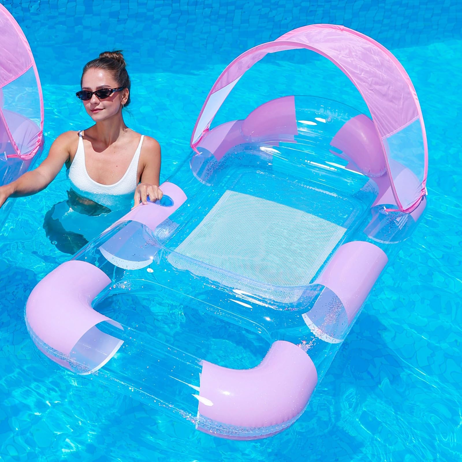 Bouee Piscine, Matelas Piscine Gonflable | Équipé d'un pare-soleil amovible et d'un porte-gobelet, conception de drainage en maille inférieure