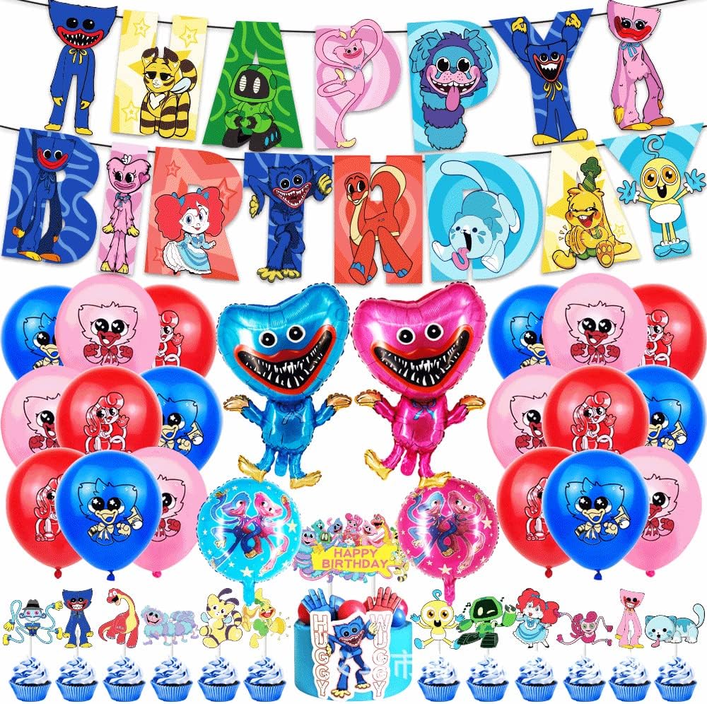 Poppy Playtime Themed Birthday Party Decorations | Includes Happy Birthday Banner, Cake Cupcake Toppers, Latex and Foil Baloons | Cartoon Birthday Party Supplies for Adults and Kids