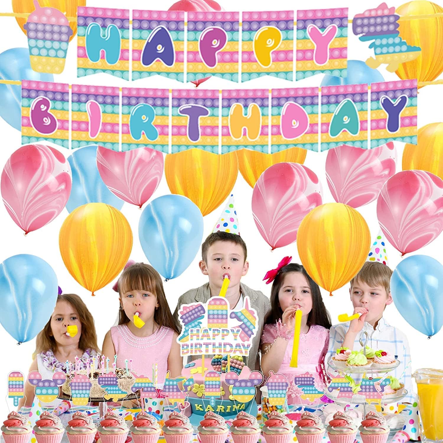 Yoawllty Birthday Party Decorations,Cute Decoration Kit Included Happy Birthday Banner, Birthday Balloons, Pop Cake Toppers and Cupcake Toppers for Kids Gift Birthday Party Favor