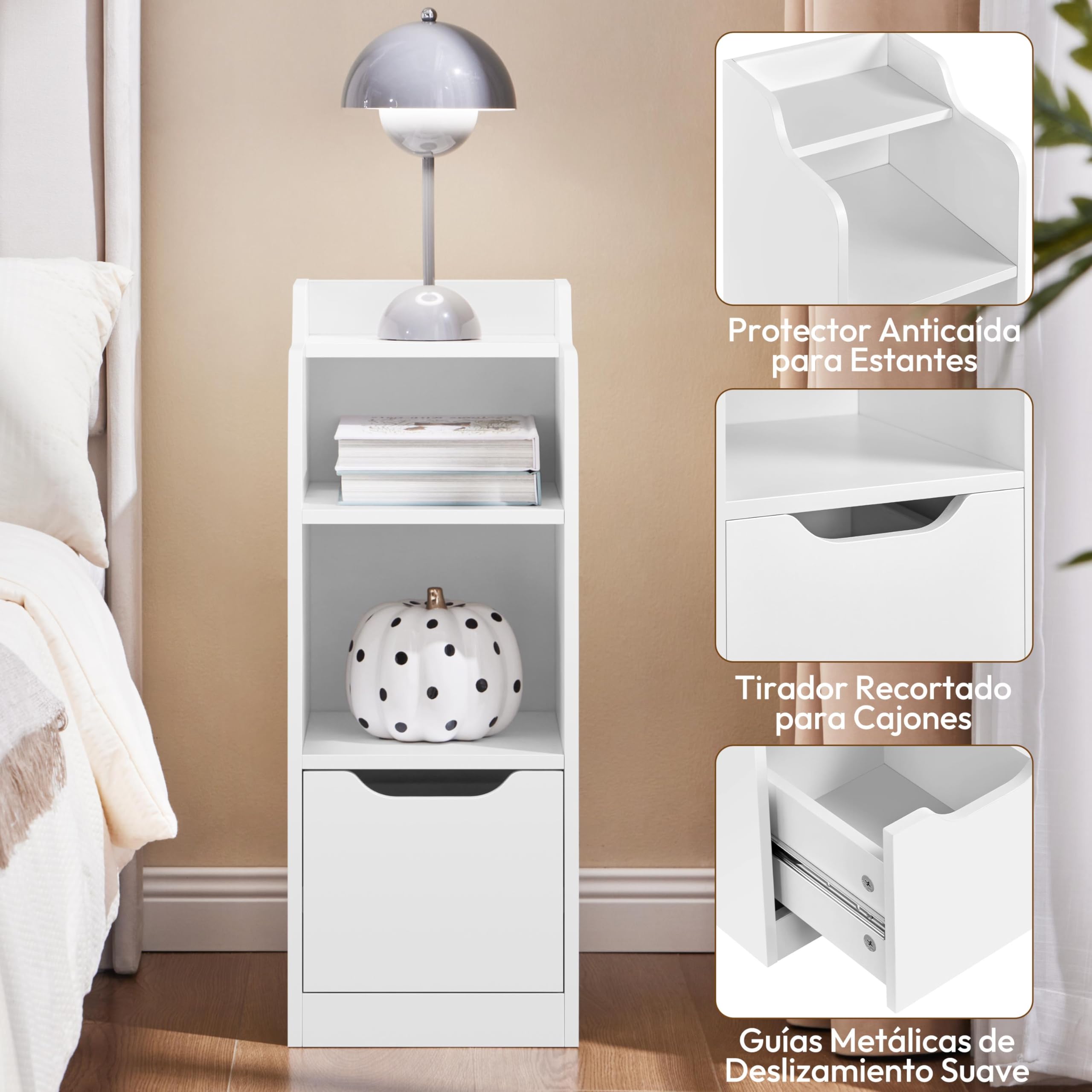 Yaheetech Mesita de Noche Estrecha, Mesa Auxiliar, Espacio de Almacenamiento de 3 Niveles con 1 Cajón, Mesilla Auxiliar para Dormitorio, Salón, Espacios Reducidos, 25 x 30 x 65 cm