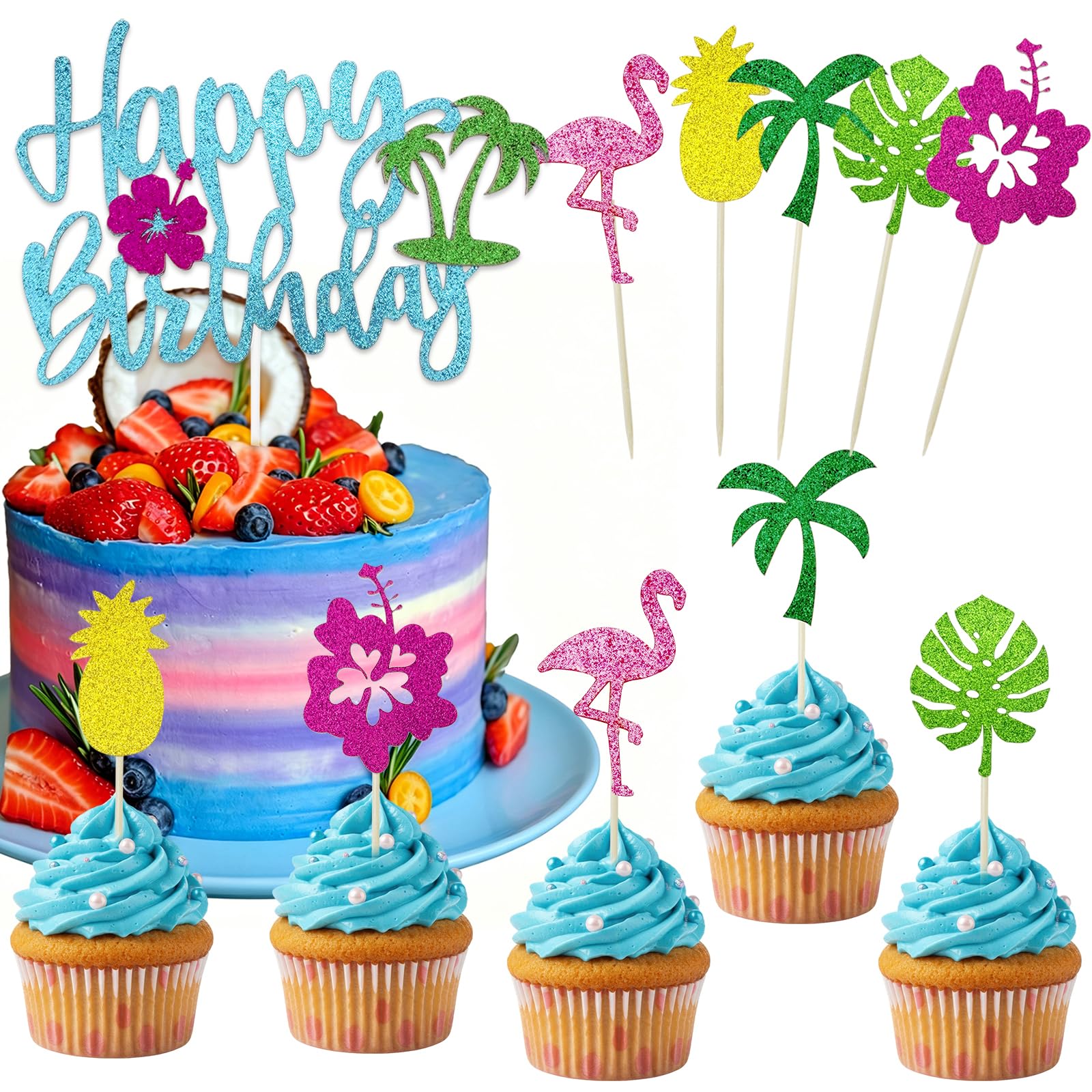 21PCS Blue Happy Birthday Hawaiian Cake Toppers,Tropical Cake Toppers,with Palm Leaf, Pineapple and Hibiscus for Birthday Party, Baby Shower, Luau Theme