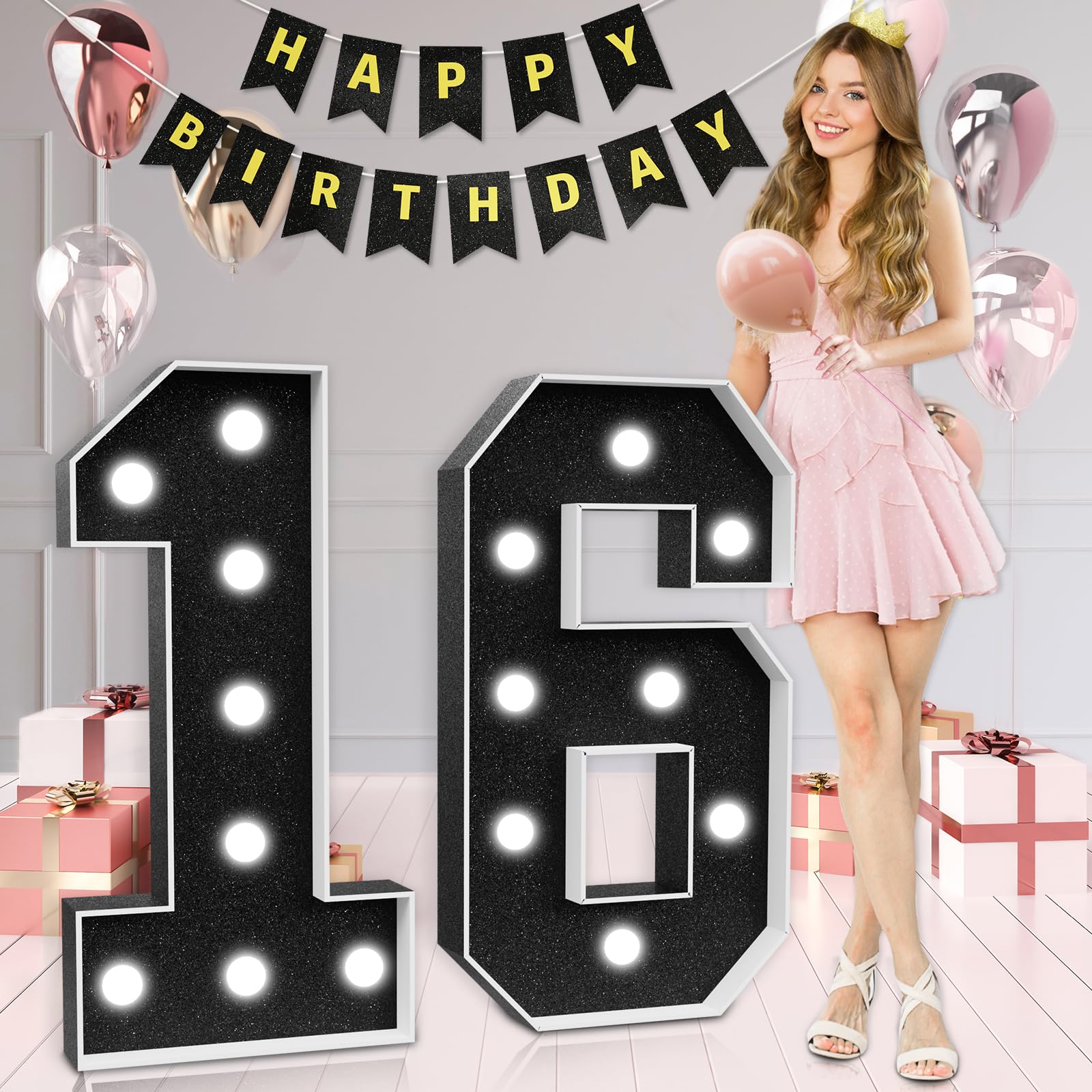 Marquee Numbers Black 16th-Birthday Decorations: Large 3ft Light Up Number Sweet 16 Party Decoration for Boy Girl Sixteen Year Old Decor Party