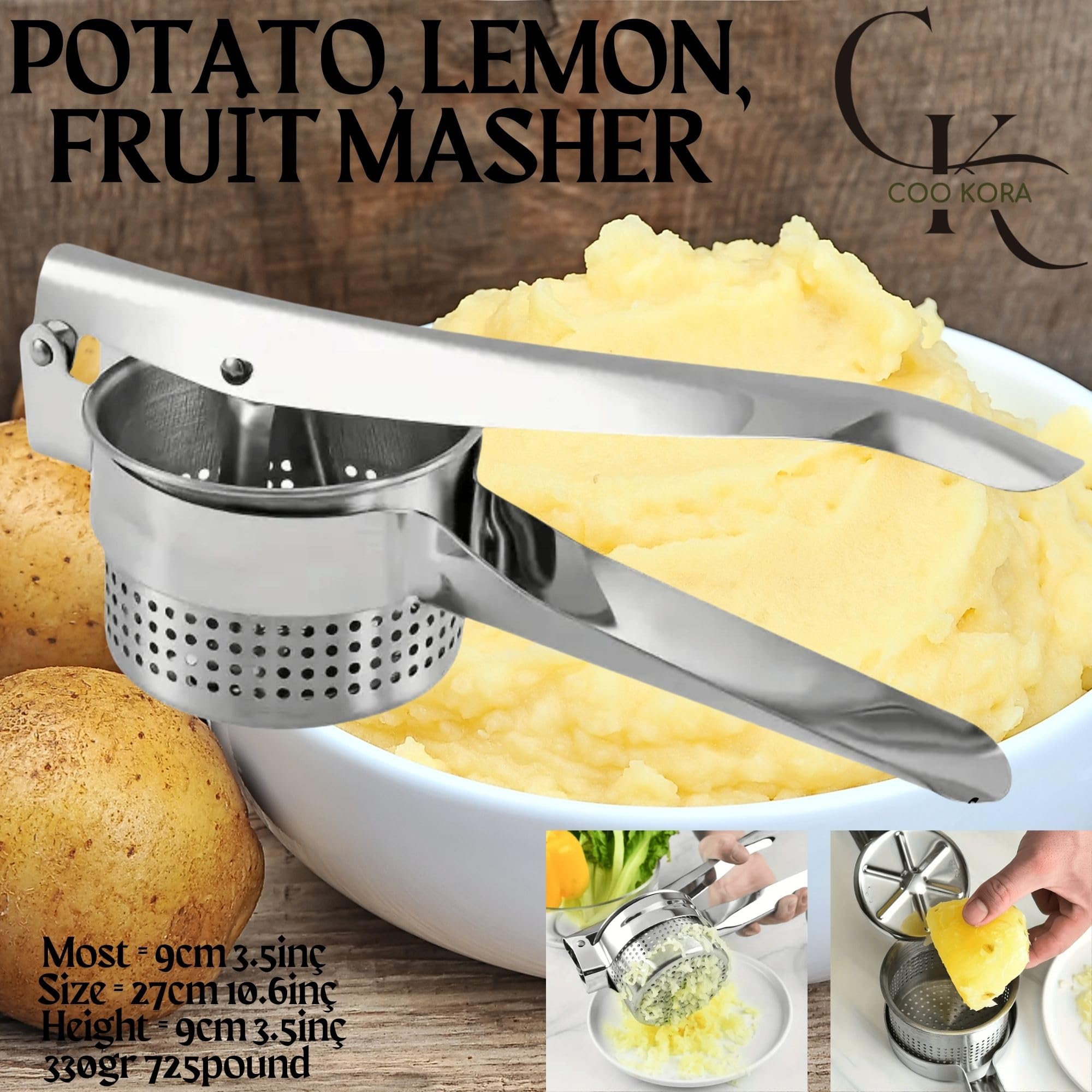 COO KORA Stainless Steel+ Potato Masher+ Orange Masher+ Lemon+ Citrus+ Masher+ Manuel Stainless Steel Durable+ Practical+ Handheld Kitchen Helper