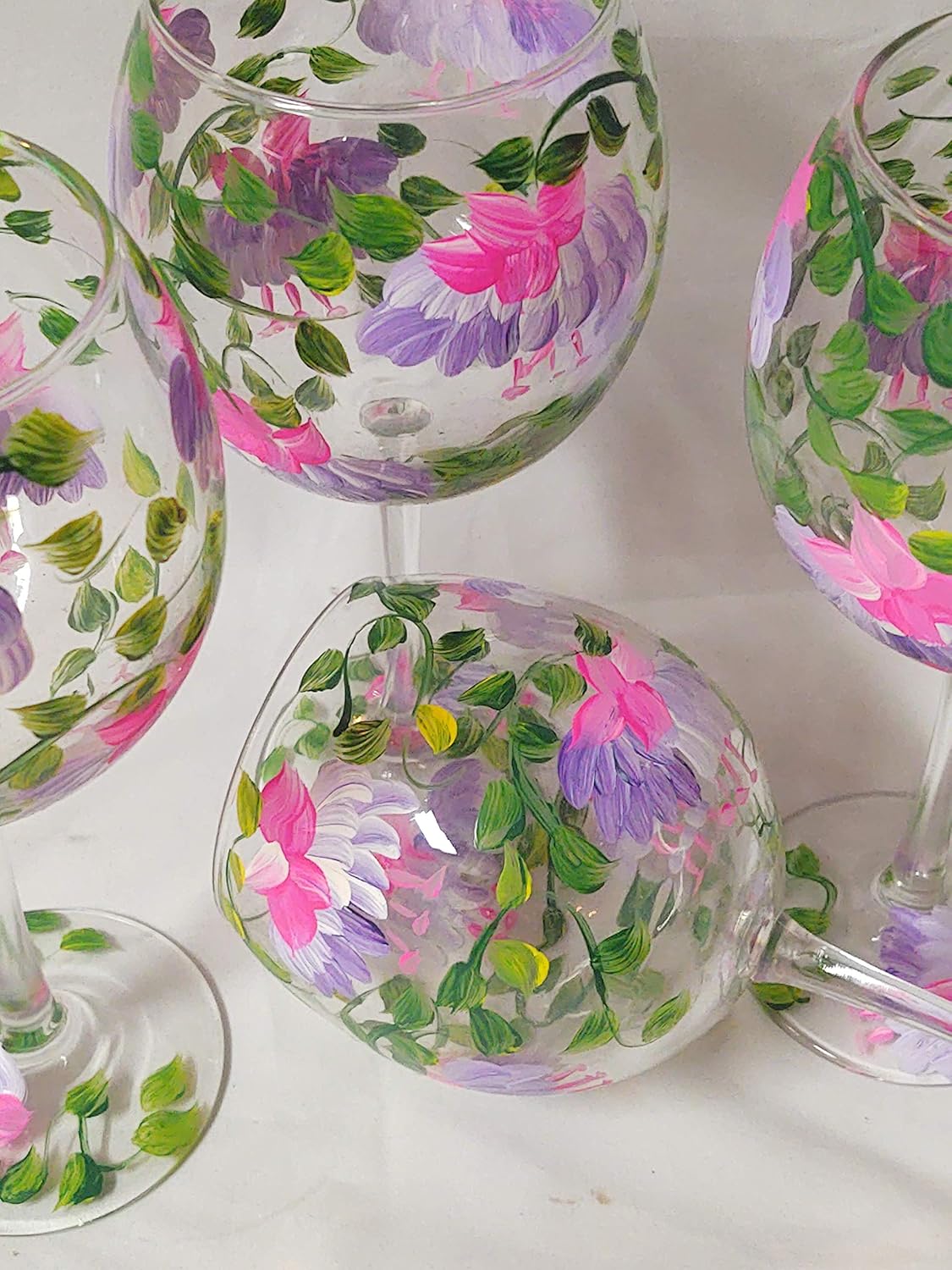 Hand painted pink and purple fuschia goblets. set of 4 20 ounce red wine gobblets. usa