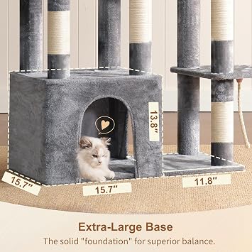 Heybly Heavy Duty Cat Tree, Tower for Indoor Cats Large Adult, Tall Cat Condo House with Extra-Large Baseboard, Multi-Level Plush Furniture with Scratching Posts, Hammock,Toy Balls,Light Grey HCT026W | Cat Tower with Scratching Posts, Tall Cat Condo House , Multi-Level Plush Furniture with Hammock & Toy Balls, Light Gray