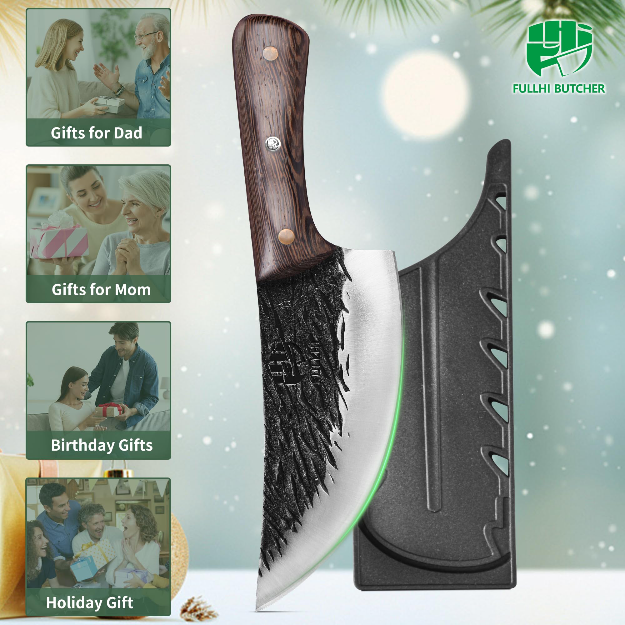 FULLHI Manico in legno Mannaia per carne pesante con fodero 2 pezzi, affettatrice in acciaio ad alto tenore di carbonio per la casa, il campeggio e il barbecue (Marrone, 17cm)