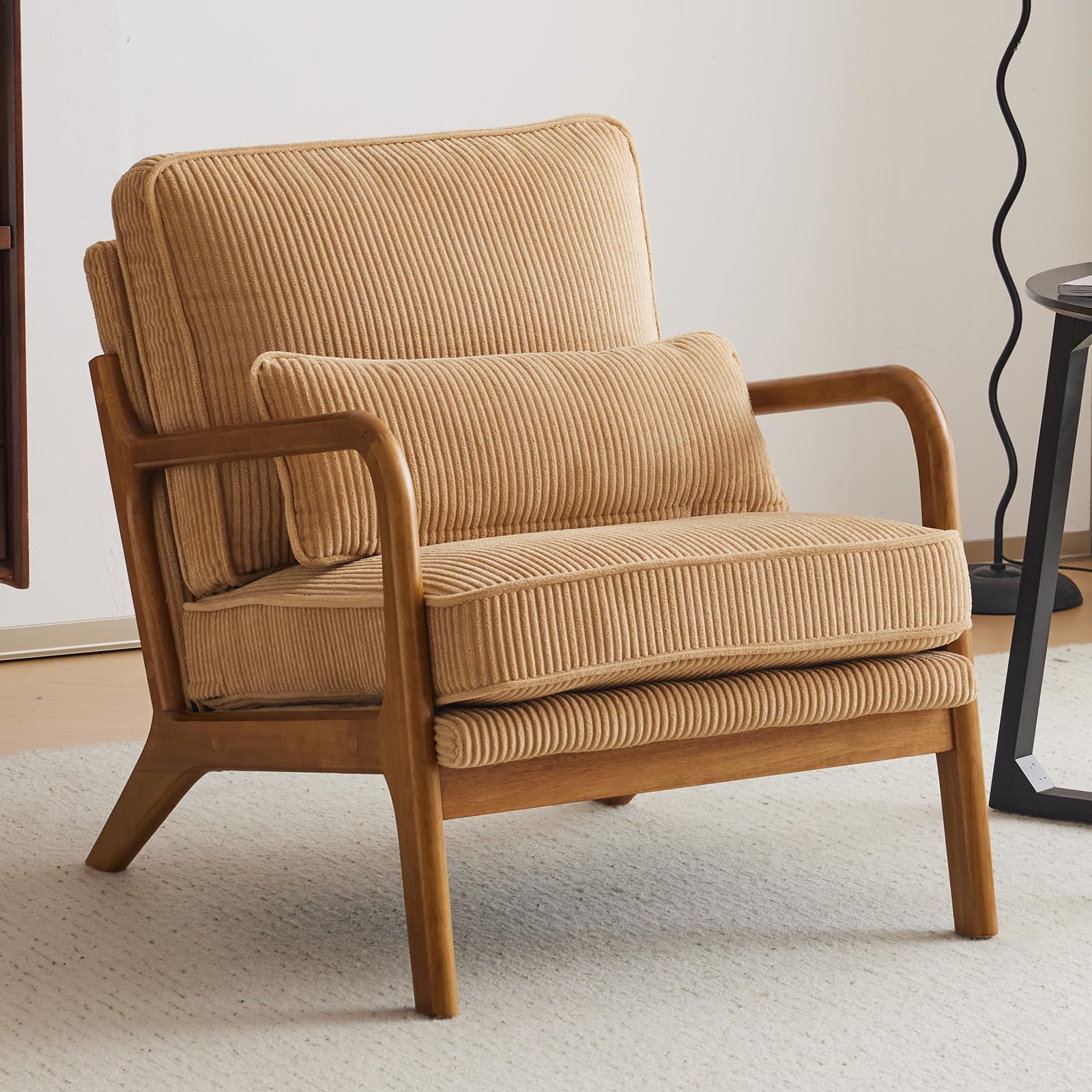 Bonnlo Accent Chair, Soild Wood Padding Lounge Armchairs, Occasional Reading Chair with Cushions and Lumbar Pillow, Armchairs for Living Room, Bedroom, Guest Room, Corduroy, Khaki