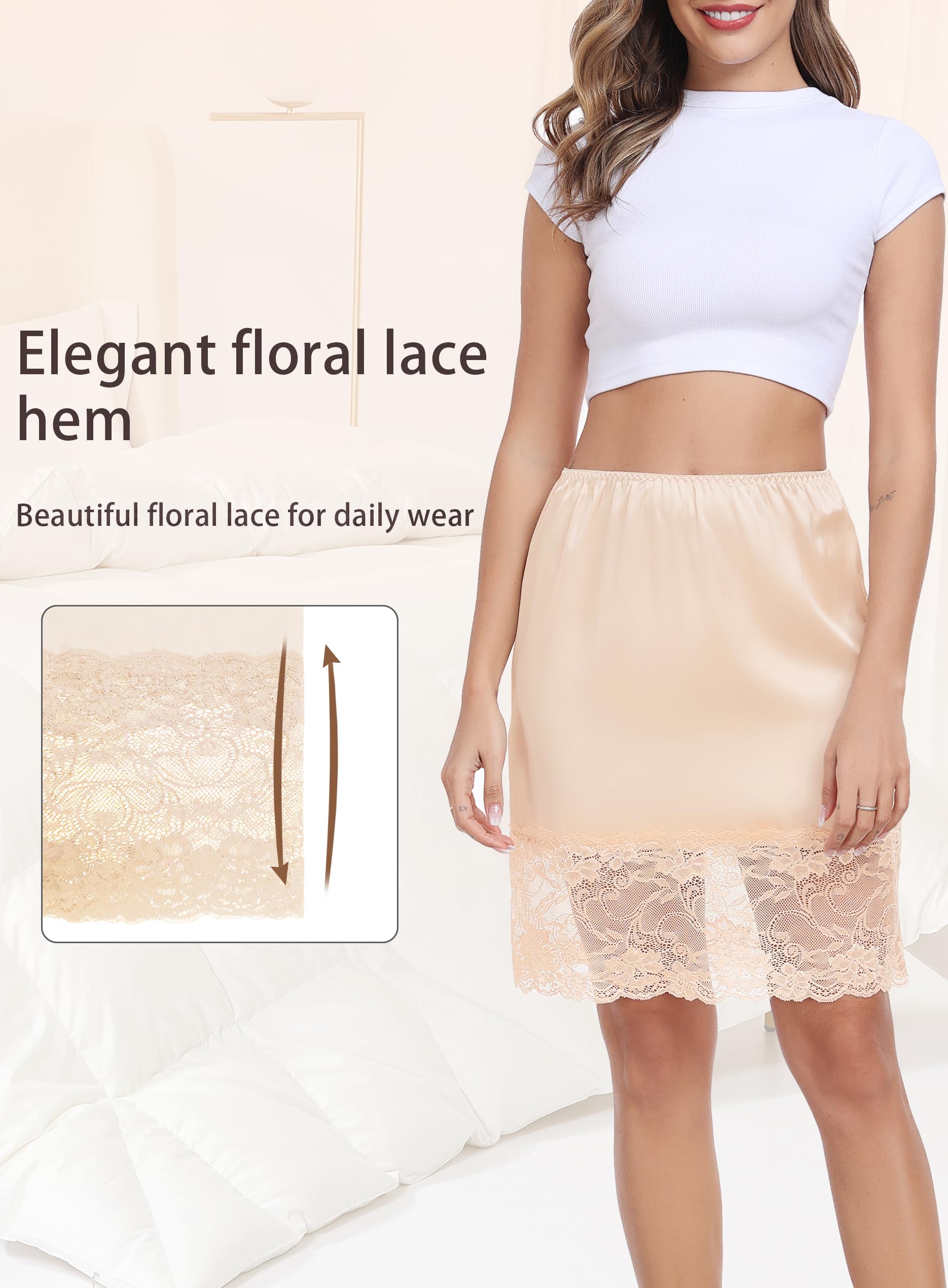 Lovasy Satin Unterrock Damen Kurz Knielang Halbrock Petticoat Elegantes Spitzen Unterröcke für Damen Underskirt Unter Kleid,S-XXL