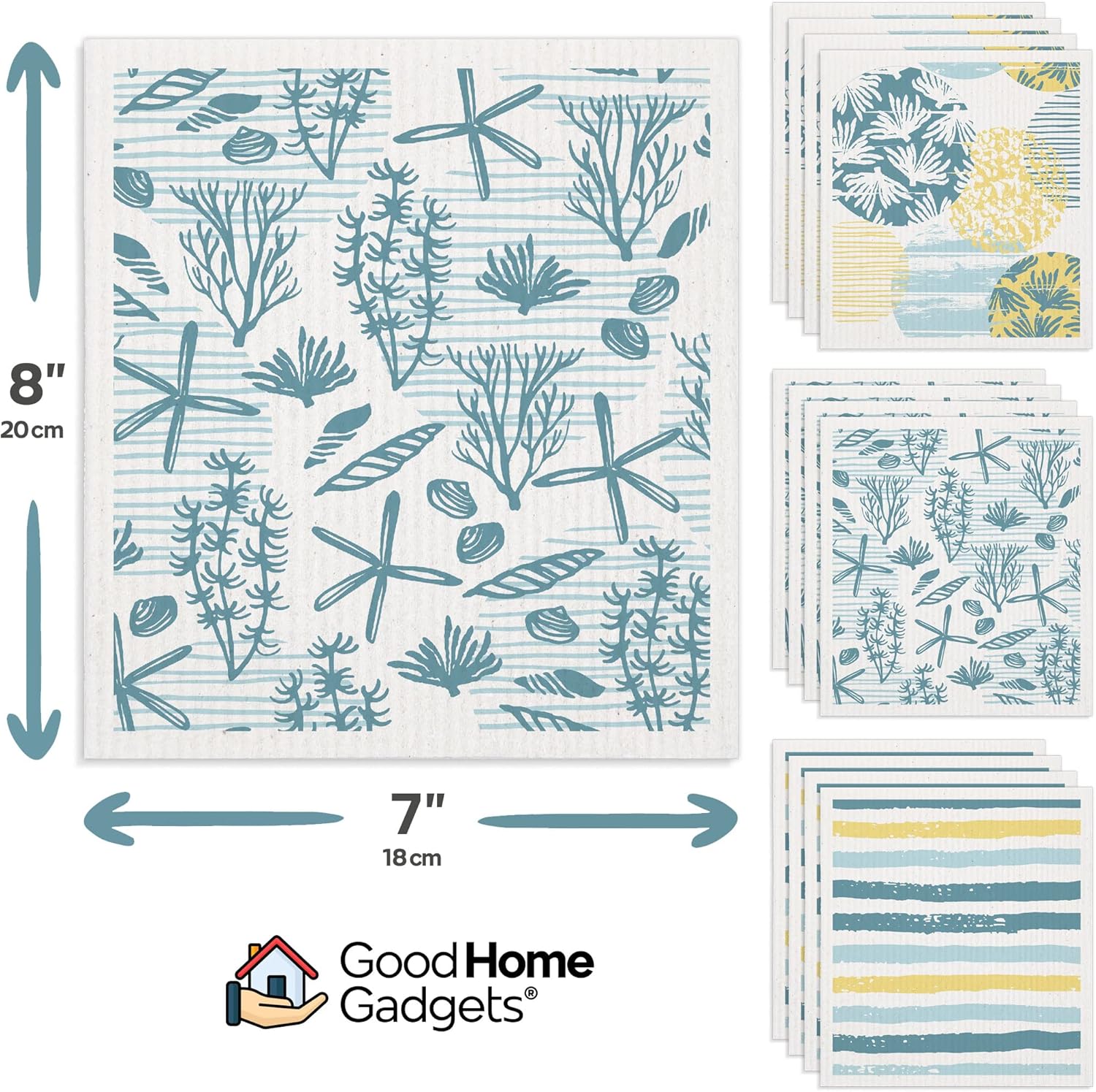 Swedish Dishcloths for Kitchen | 12-Pack Ocean Collection | Absorbent Reusable Swedish Dishcloths, Eco-Friendly Cellulose Sponge Dishtowels