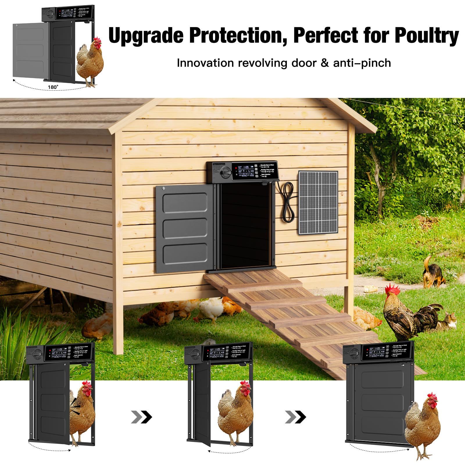 Puerta automática de gallinero de gran tamaño, funciona con energía solar, con apertura en caso de emergencia, antipellizcos, temporizador y sensor de luz, puerta de aluminio impermeable