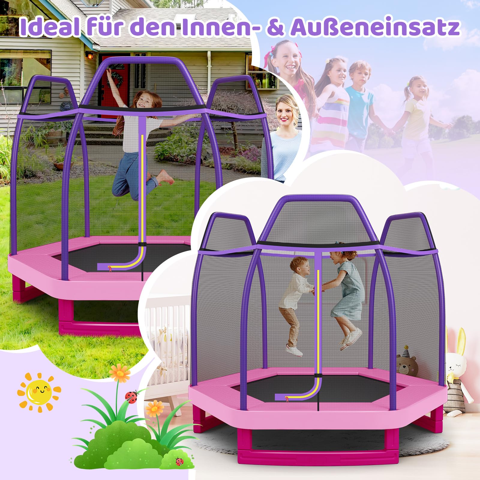 COSTWAY Ø223cm Gartentrampolin mit Sicherheitsnetz, gepolsterten Stangen & Randabdeckung, Trampolin Kindertrampolin bis 150KG belastbar, Indoor-/Outdoortrampolin für Kinder ab 3 Jahre