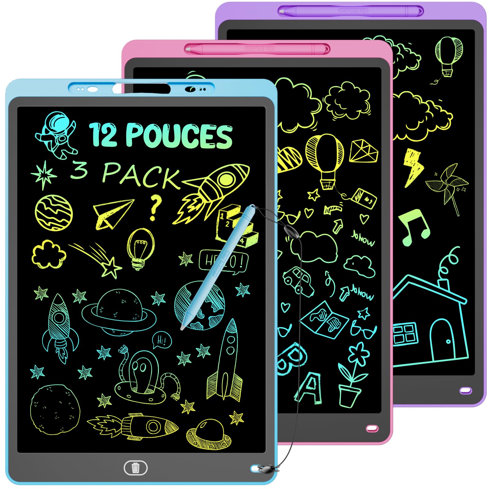 Tablette d'écriture LCD 12 Pouces Lot de 3 - Ardoise Magique Enfant avec Écran Sensible Pression & Couleurs Arc-en-Ciel