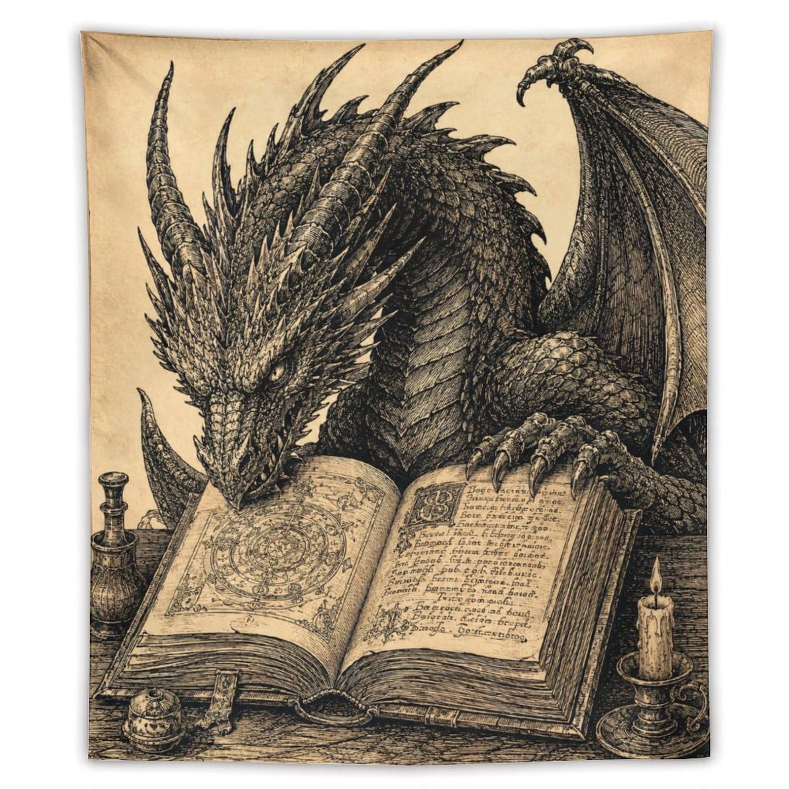 W7C8U2X3 Dragon Reading Book Wall Tapestry, Fantasy Illustration Style