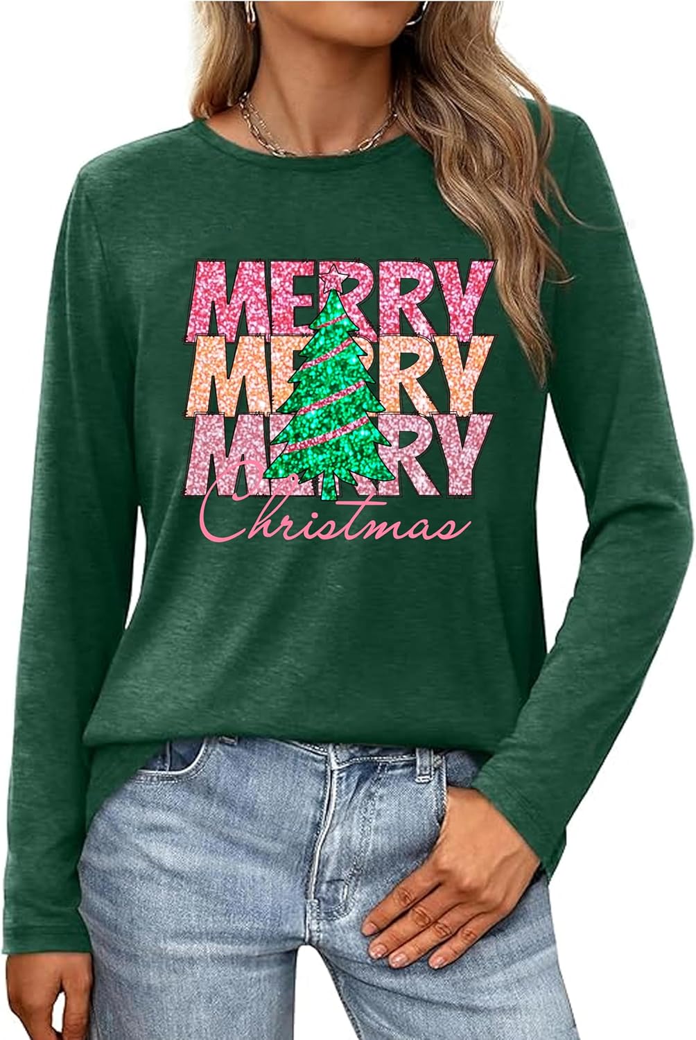 Christmas Tree Shirts for Women Merry and Bright Long Sleeve Shirt Xmas Graphic Vacation Gift Blouse Tee Tops