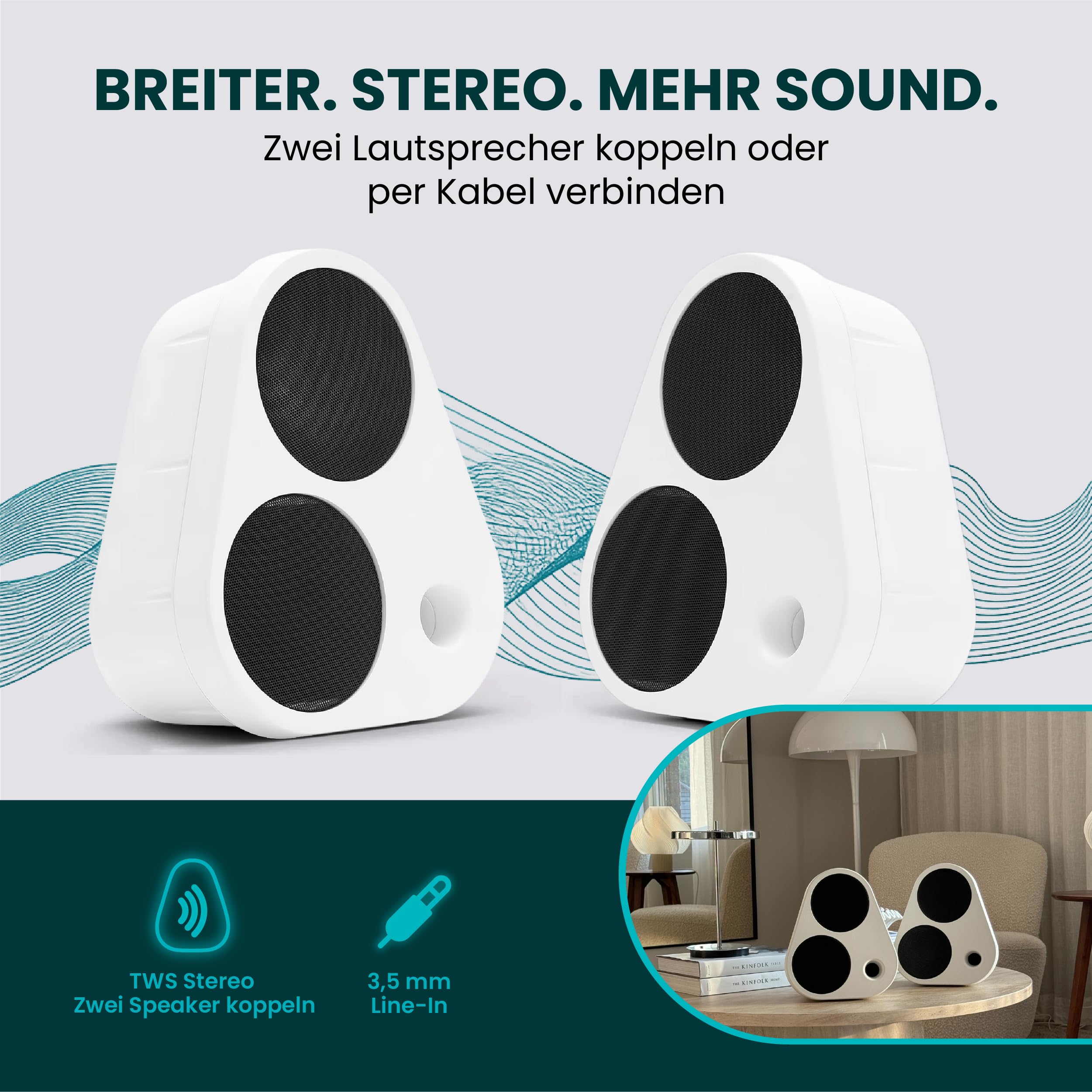 ENKL Sound ES2 Lautsprecher mit Bluetooth 5.3 - Bis zu 24 Std. Akku & Schnellladung - Kraftvoller Bluetooth Lautsprecher im dänischen Design, Wasserabweisend, Stereo-Pairing & USB-C PD - Weiss