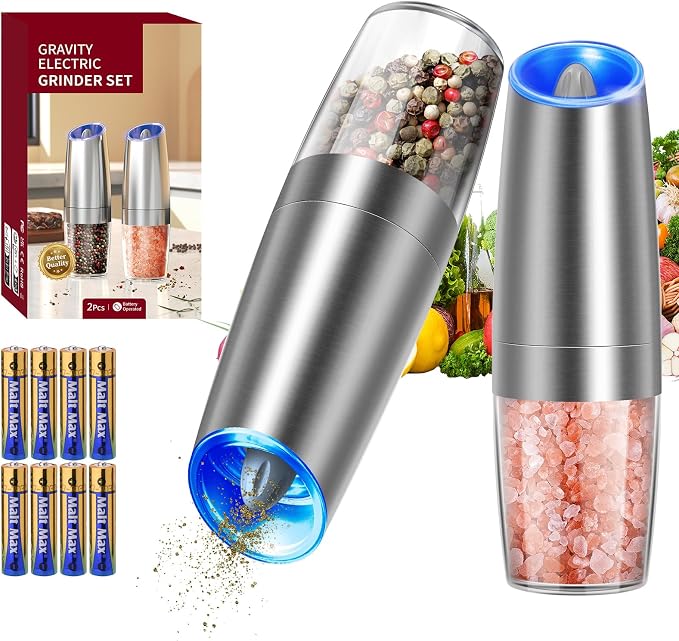 CIRCLE JOY Gravity Electric Salt and Pepper Grinder Set Automatic Salt and Pepper Grinder Set with LED Light, Battery Operated, Adjustable Coarseness, Large Capacity, for Home Kitchen BBQ, Black