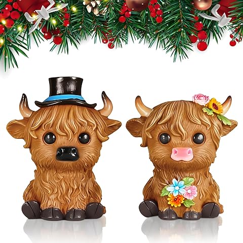 2 Pcs Highland Cow Decor Christmas Resin Highland Cow Figurines Christmas Cows Gnom...