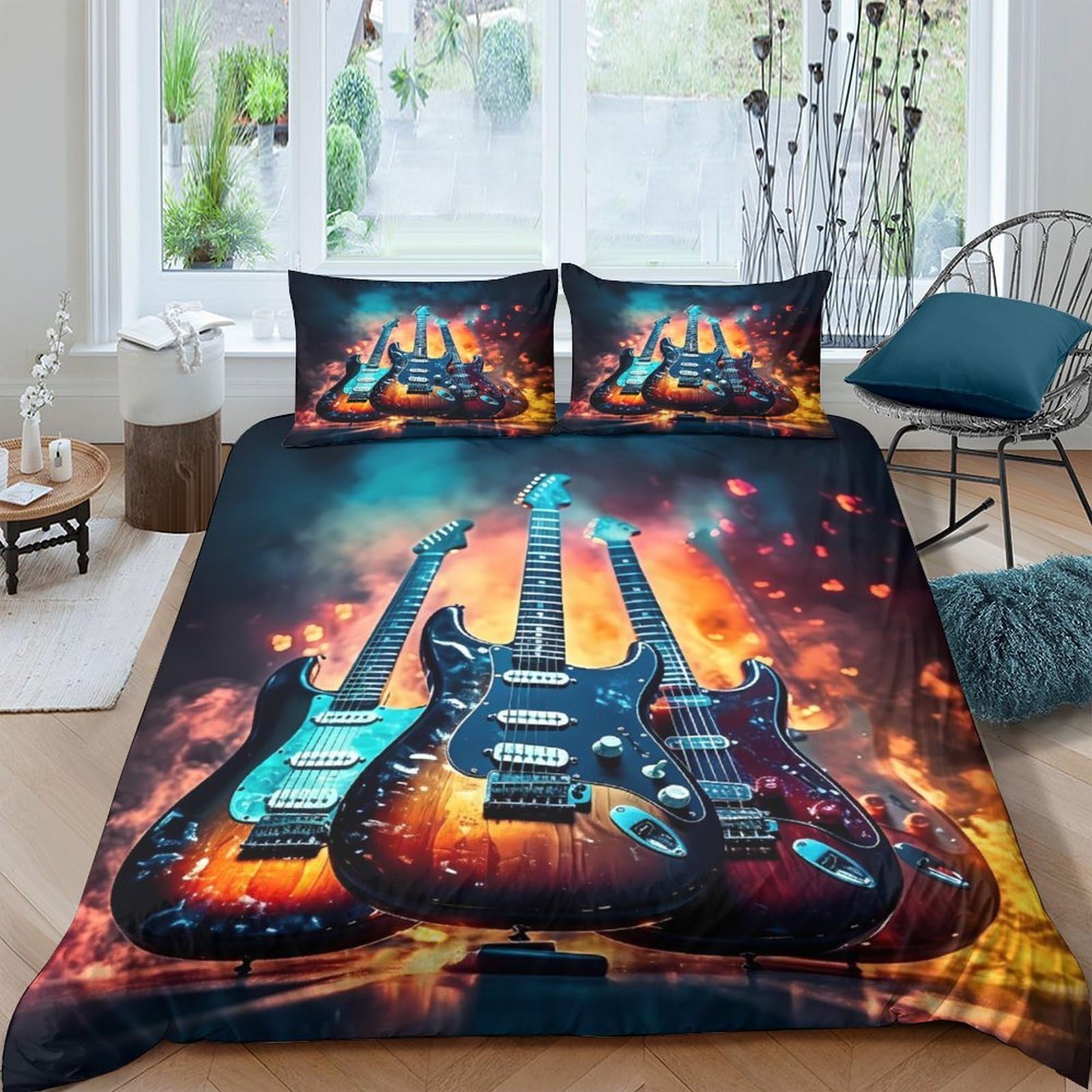 Ctjqhvkz Style-10 3D Printed Electric Guitar Fitted Sheet Microfiber Soft Breathable Fire Art Bed Cover For Bedroom Dorm Decor Single（135X200cm）