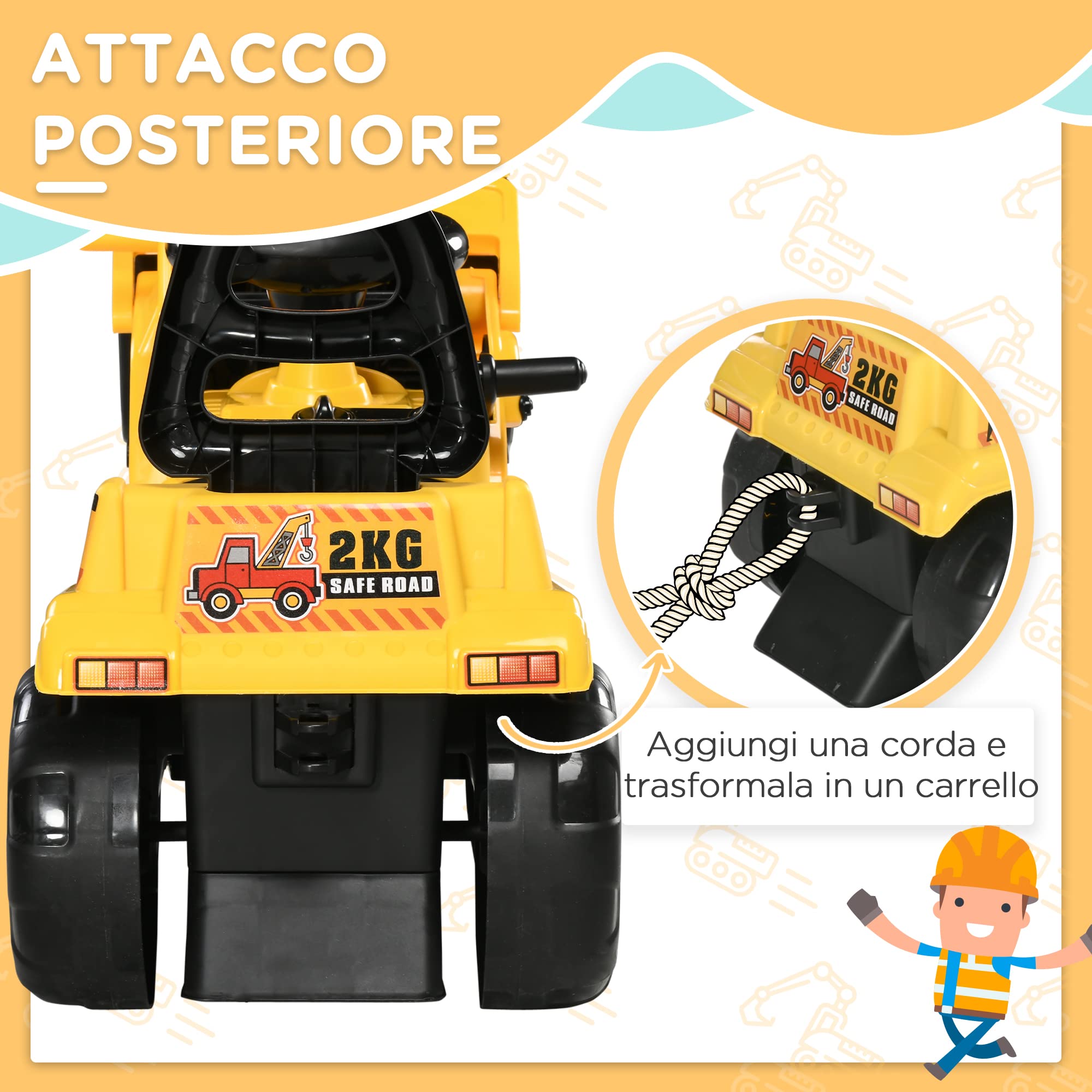 HOMCOM Escavatore per Bambini 2-4 Anni Manuale con Pinza, Pulsante per Suoni e Spazio Portaoggetti Nascosto, in PP e ABS, 83x27x39 cm, Giallo e Nero