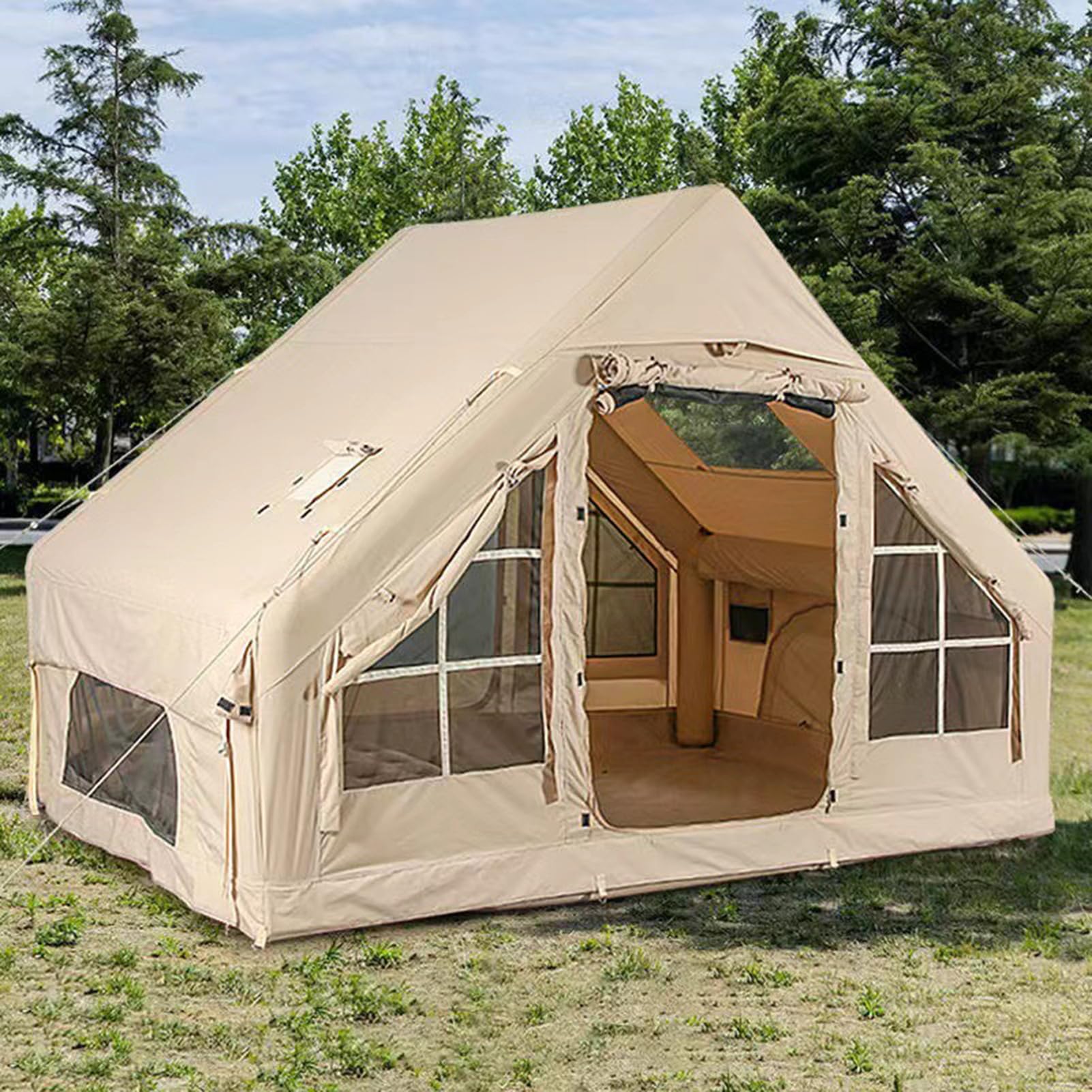 Tenda da Campeggio Gonfiabile con Pompa, Tende Glamping da 6㎡ per 3-4 Persone, Tenda da Cabina di Lusso Antivento Impermeabile per 4 Stagioni con finestre e Porte in Rete