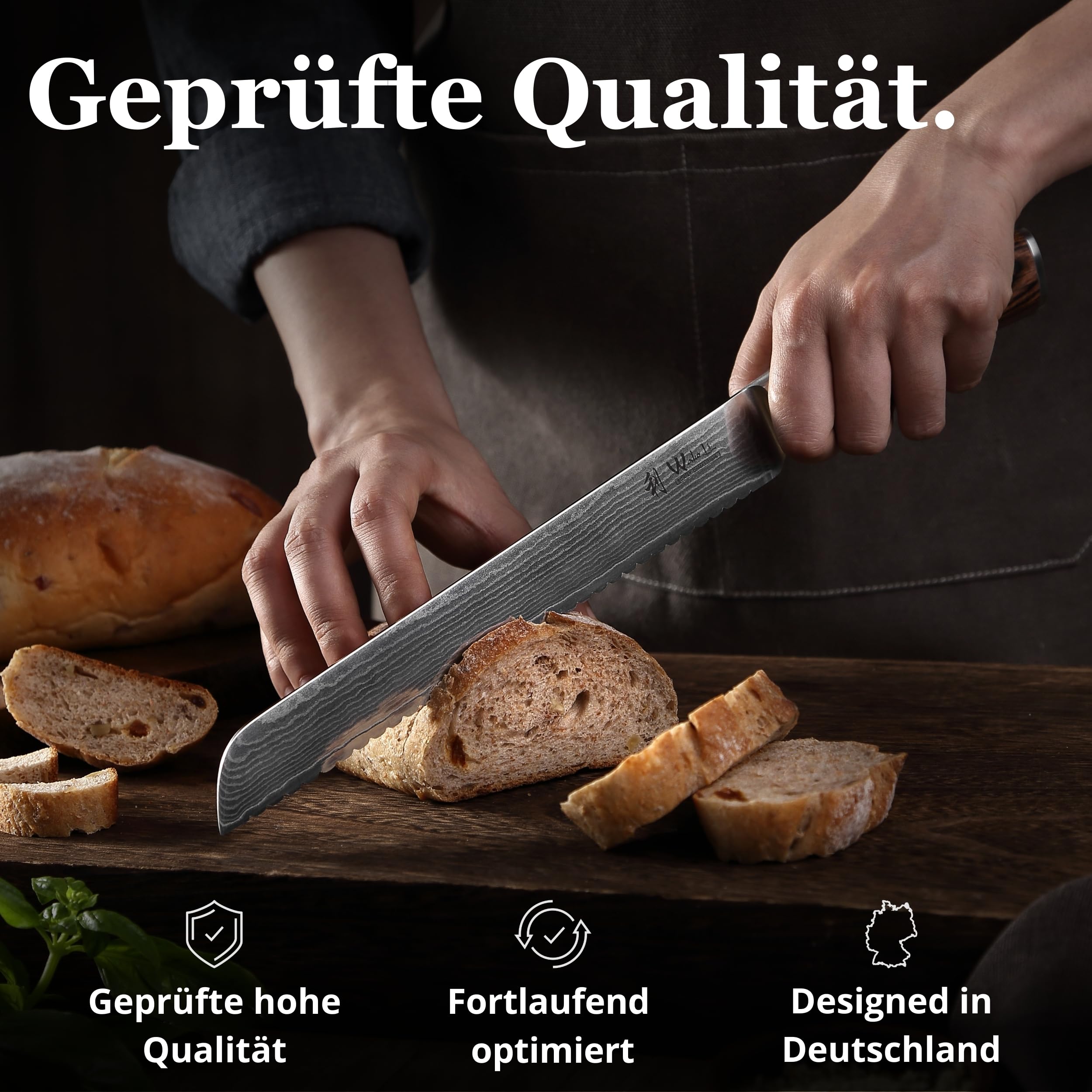 Wakoli EDIB Brotmesser, 23 cm Klinge aus Damaststahl mit VG10 Kern | Einseitiger Wellenschliff für große Brotlaibe, Baguette und Krusten; 67 Lagen, 60 ± 2 HRC, Pakkaholzgriff, Geschenkbox