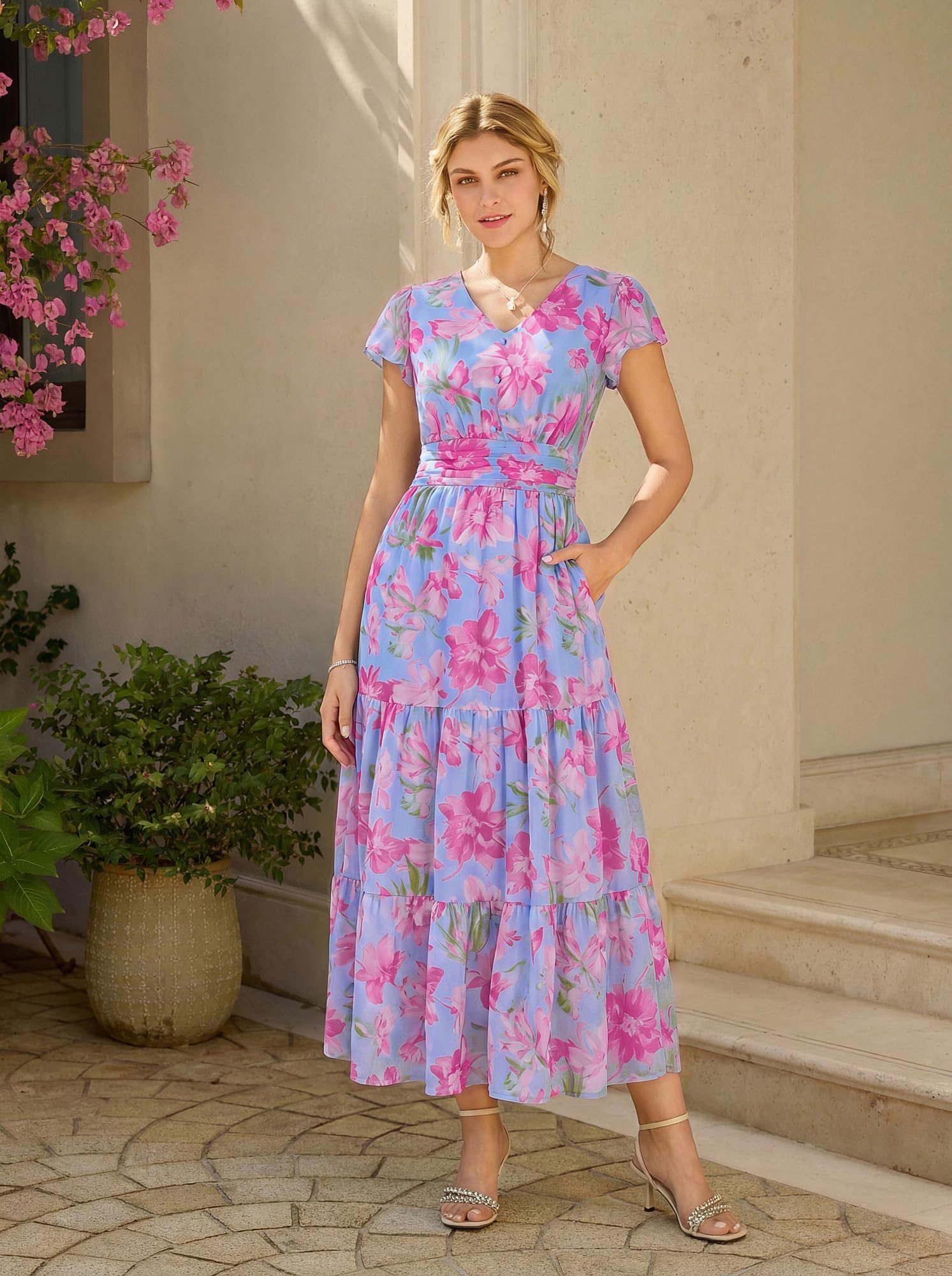 GRACE KARIN Abito estivo da donna con scollo a V, motivo floreale, con tasche, maniche a volant, linea ad A, aderente in vita