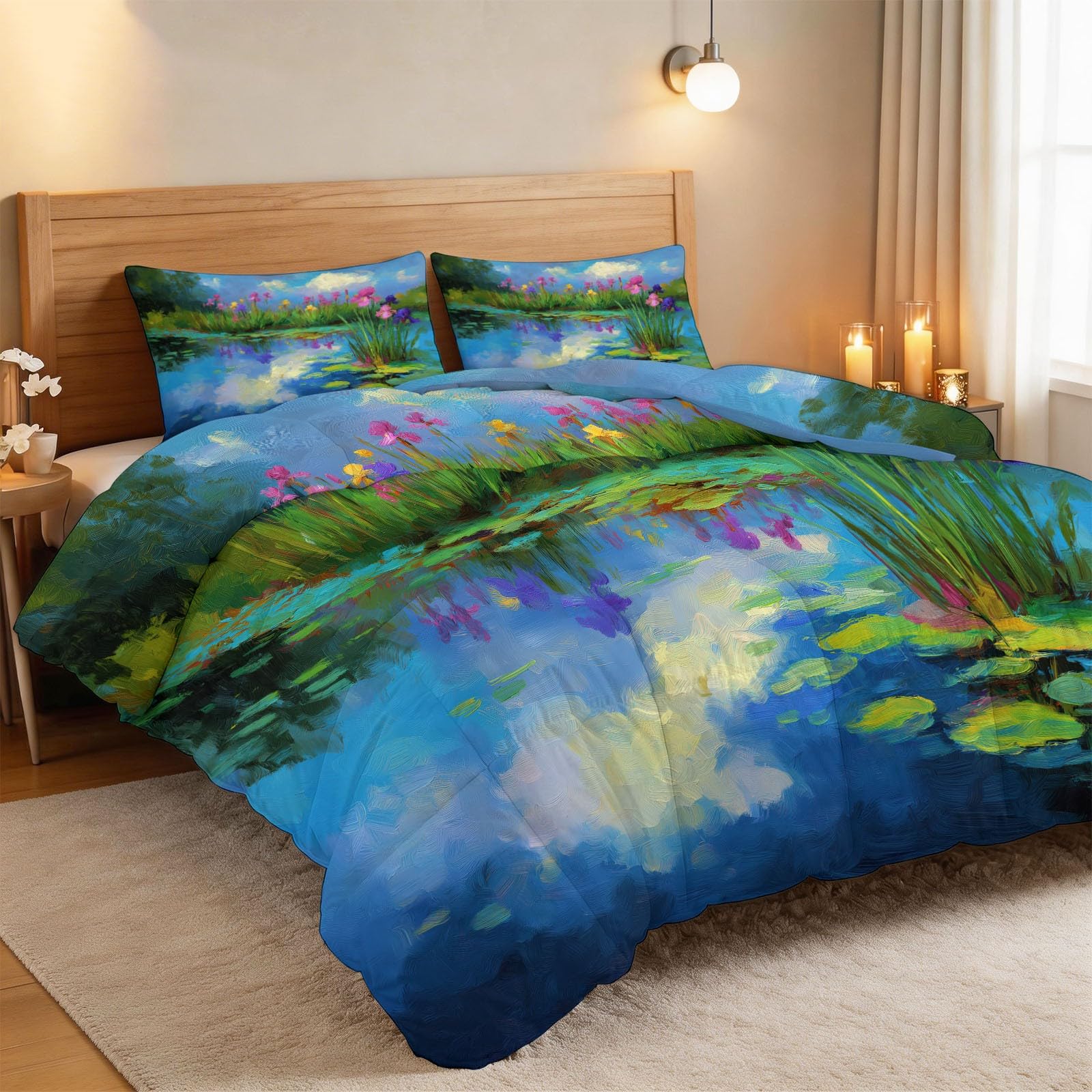 Couette 140x200 cm sans housse bleu avec 2 taies d'oreiller motif Nénuphar pour lit 1 personne