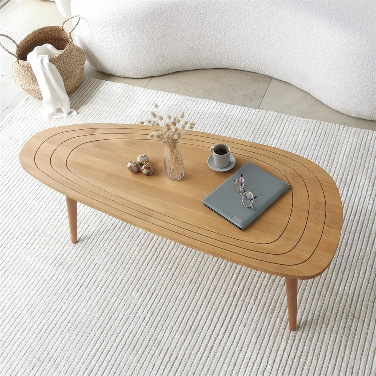 Solid Wood Oval Coffee Table, Engraved Wooden Center Table, Modern Surfboard Table, Mid Century Aesthetic Low Coffee Table, Vintage Living Room Furniture (Natural)