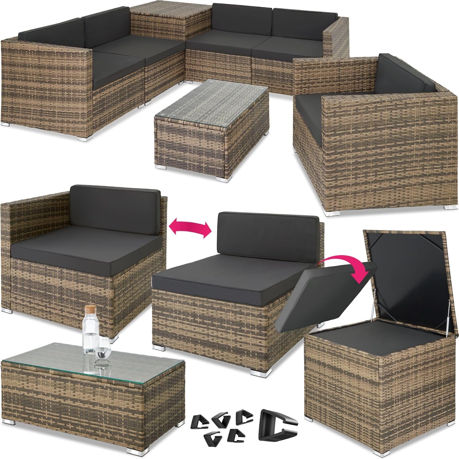 tectake Polyrattan Sitzgruppe mit Aufbewahrungsbox für Polster, Tisch